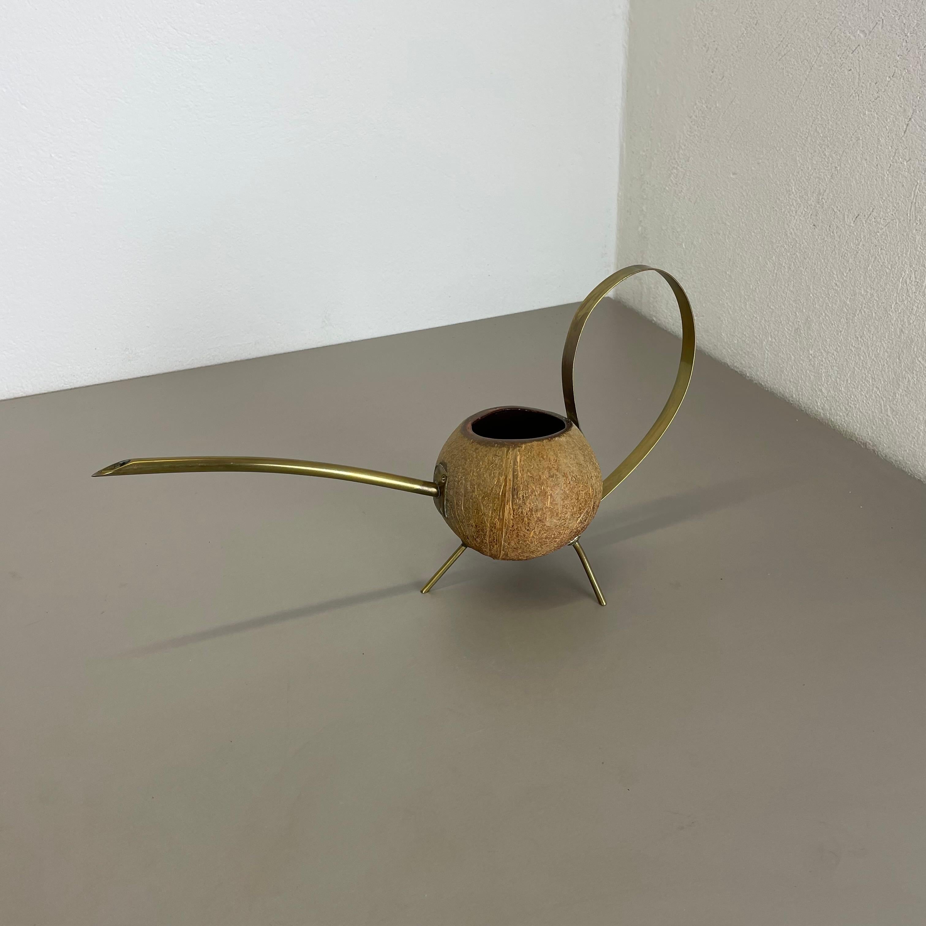 Mid-Century Modern unique brass and COCONUT watering can by Carl Auböck attrib., Austria, 1950s For Sale