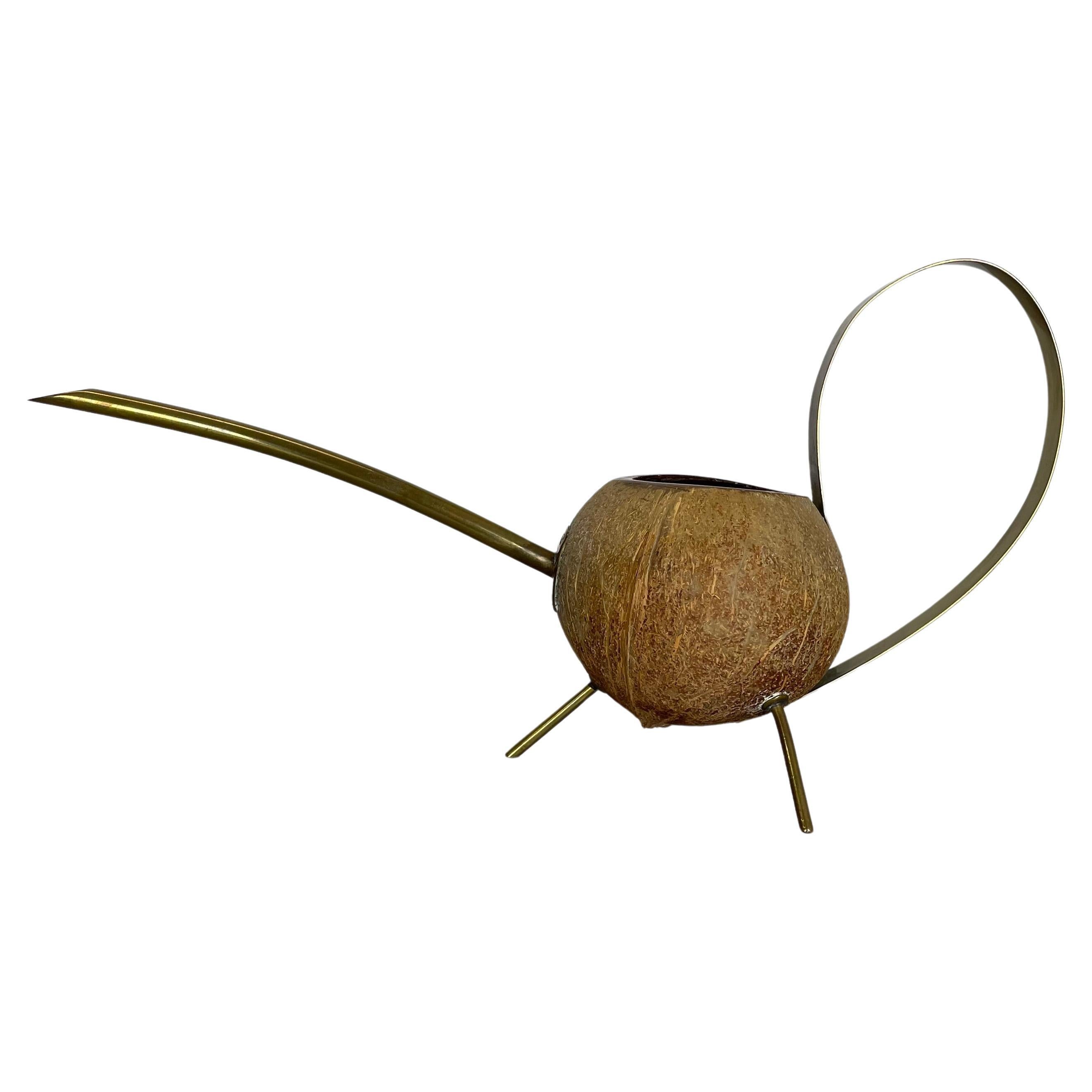 unique brass and COCONUT watering can by Carl Auböck attrib., Austria, 1950s For Sale