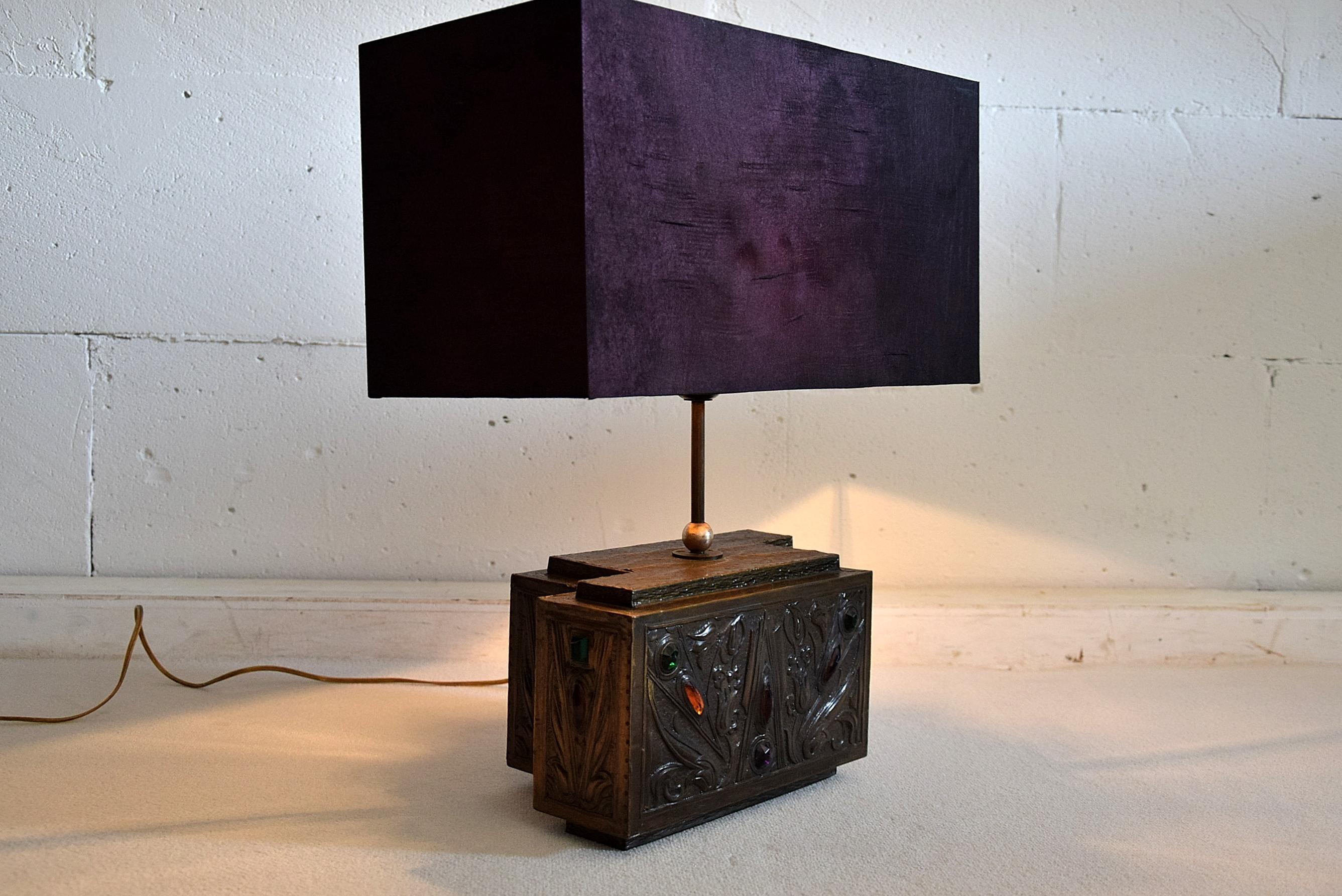 Unique Brass and Purple Silk Art Nouveau Table Lamp In Good Condition For Sale In Weesp, NL