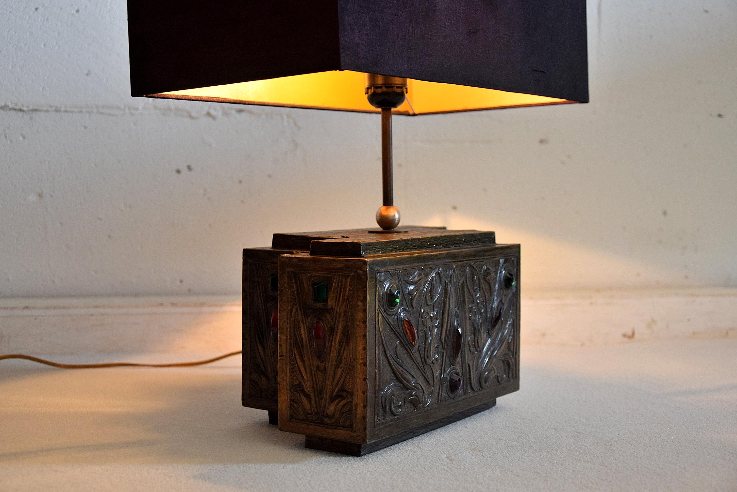 Mid-20th Century Unique Brass and Purple Silk Art Nouveau Table Lamp For Sale