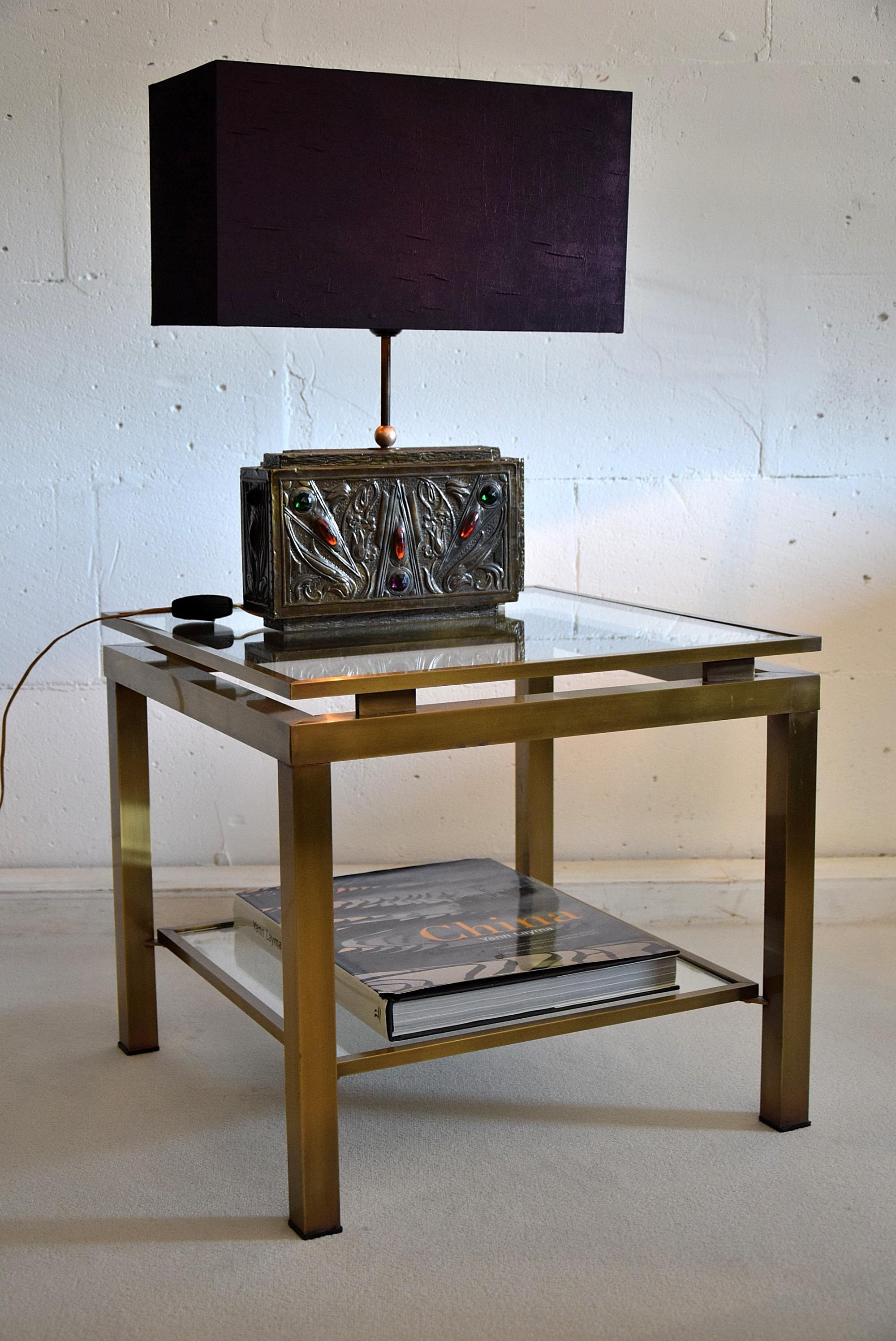 Unique Brass and Purple Silk Art Nouveau Table Lamp For Sale 1