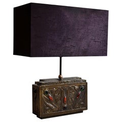 Vintage Unique Brass and Purple Silk Art Nouveau Table Lamp