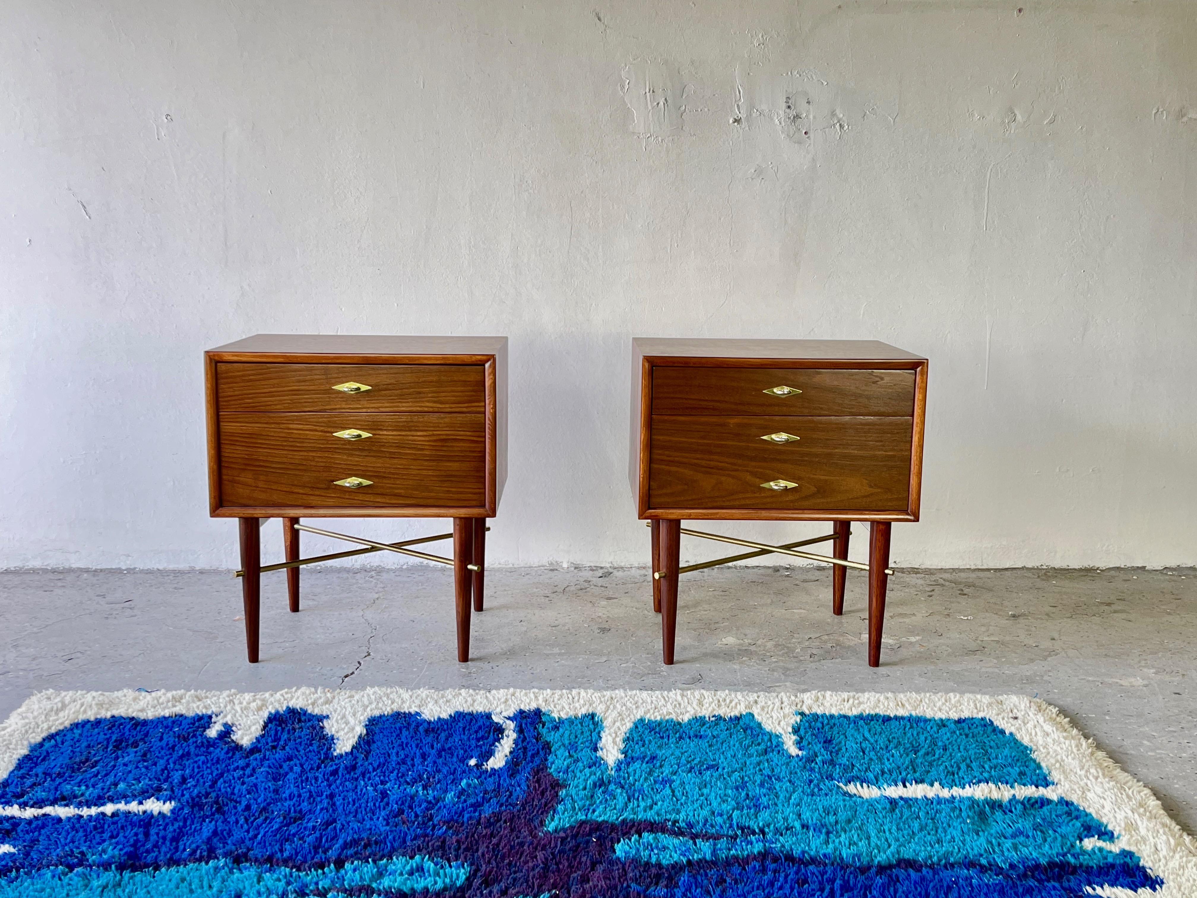 Walnut Unique Brass Cross Mid-Century Modern American Martinsville Nightstands