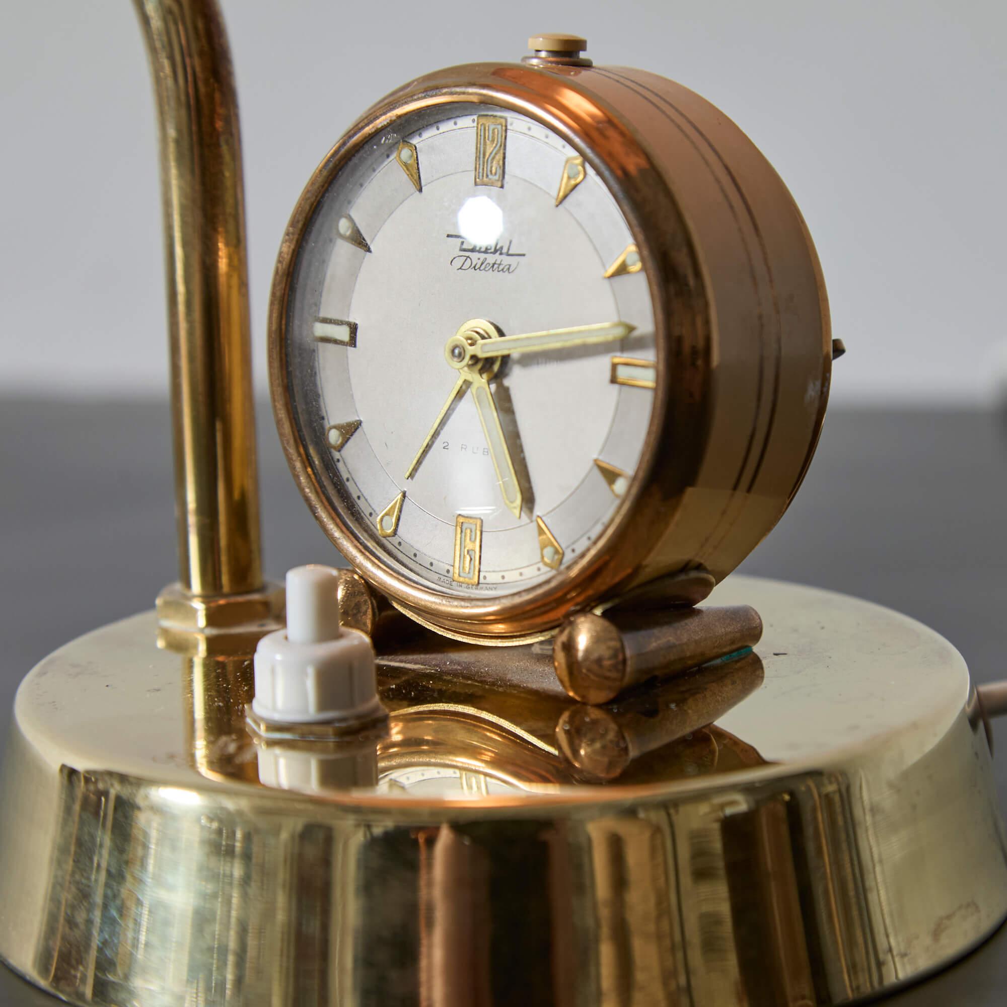 Unique Brass Table Lamp with Alarm Clock In Good Condition For Sale In Long Island City, NY