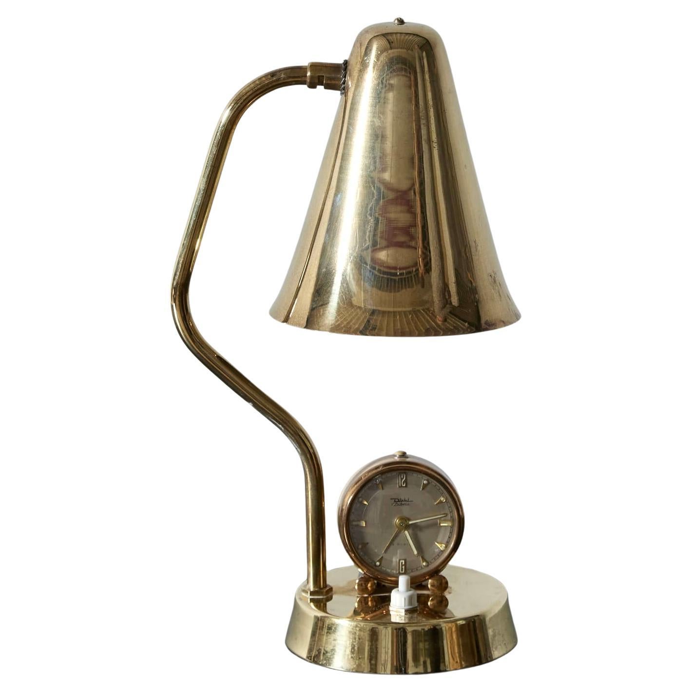 Unique Brass Table Lamp with Alarm Clock For Sale