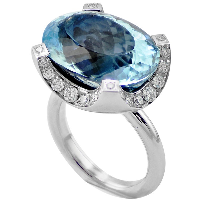 Bague Cocktail En Or Blanc 18 Carats - Aigue-marine Naturelle Et Diamant - Taille 55 - Neuf Avec étiquettes