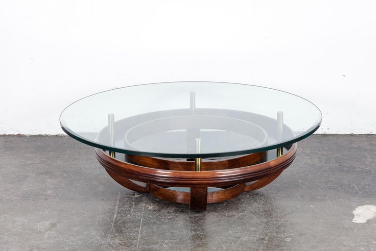 Unique Brazilian BiLevel Glass Top Round Coffee Table with Wood Base