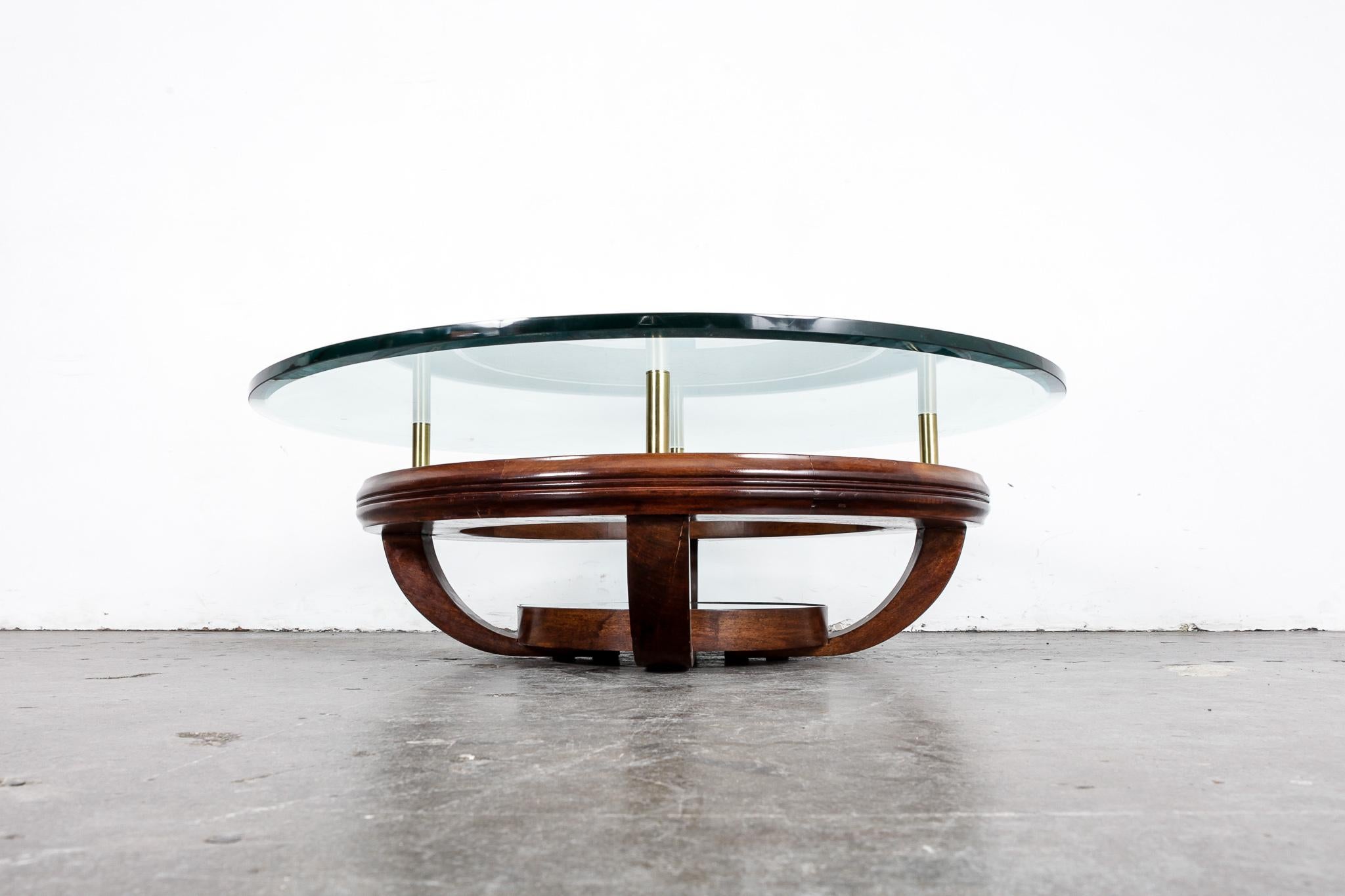 Mid-Century Modern Unique Brazilian Bi-Level Glass Top Round Coffee Table with Wood Base