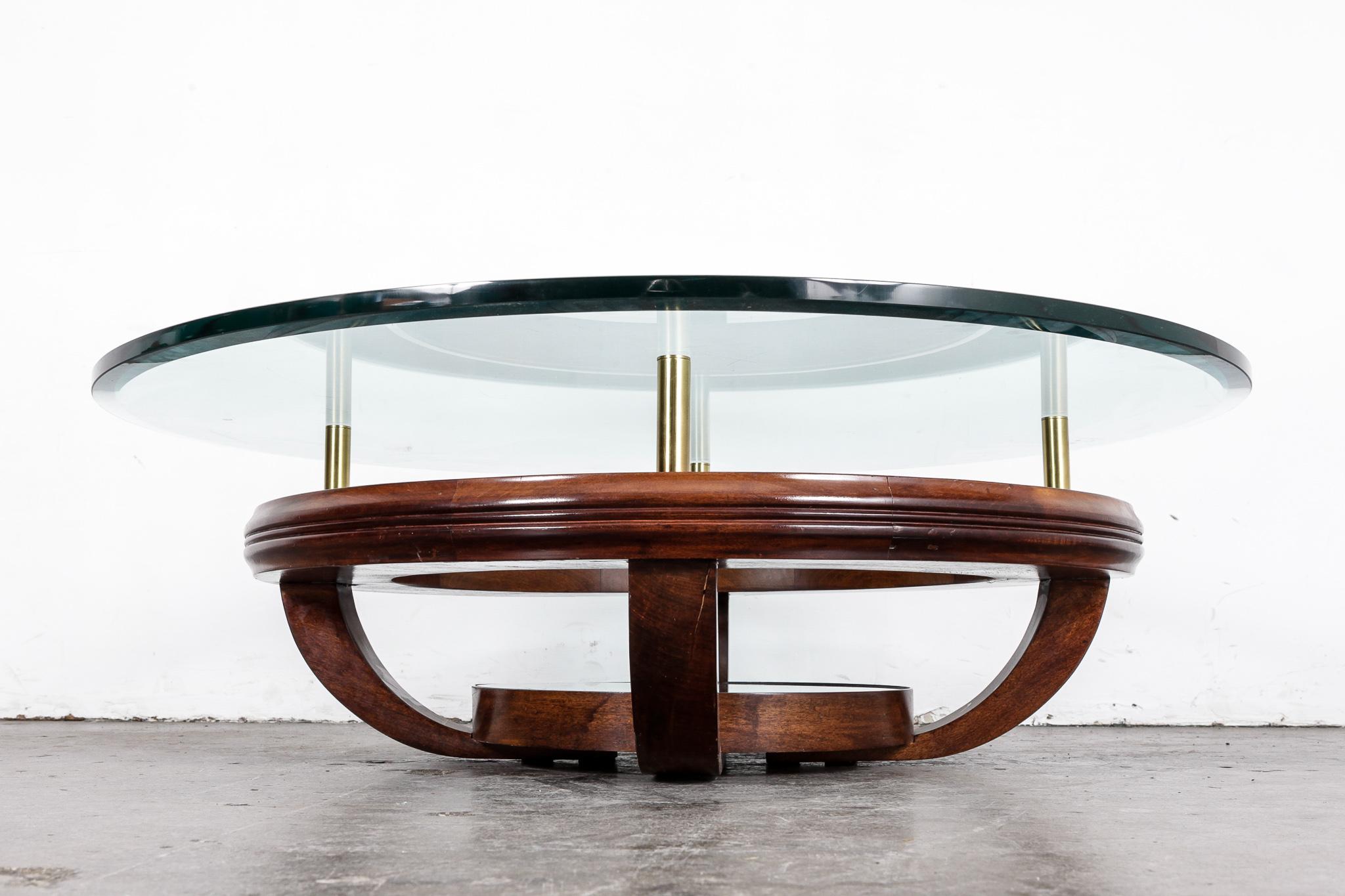 Unique Brazilian Bi-Level Glass Top Round Coffee Table with Wood Base In Good Condition In North Hollywood, CA