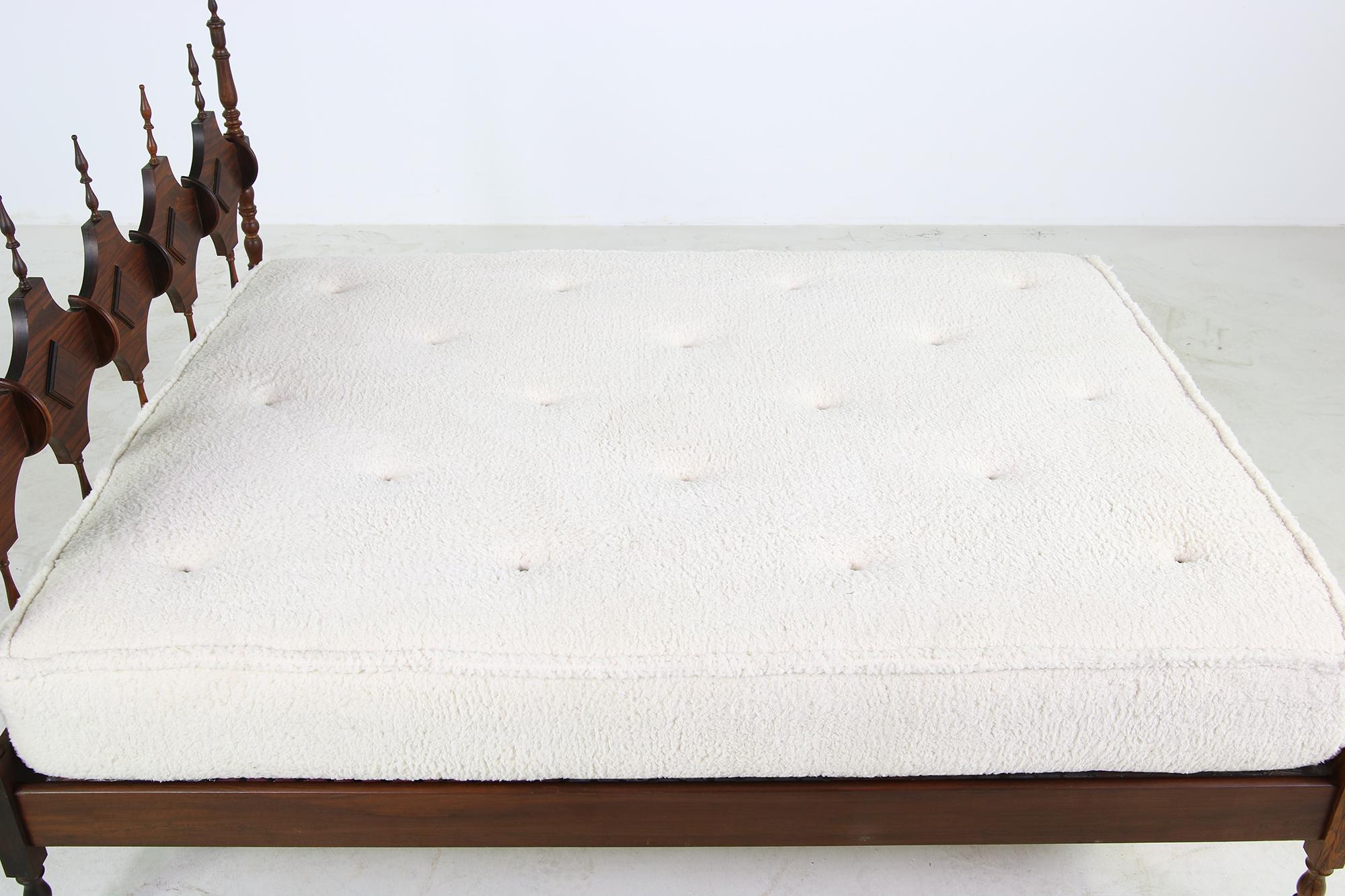Mid-20th Century Unique Brazilian Midcentury Design Bed, Teddy Fur & Leather Tufted Daybed, 1950s For Sale