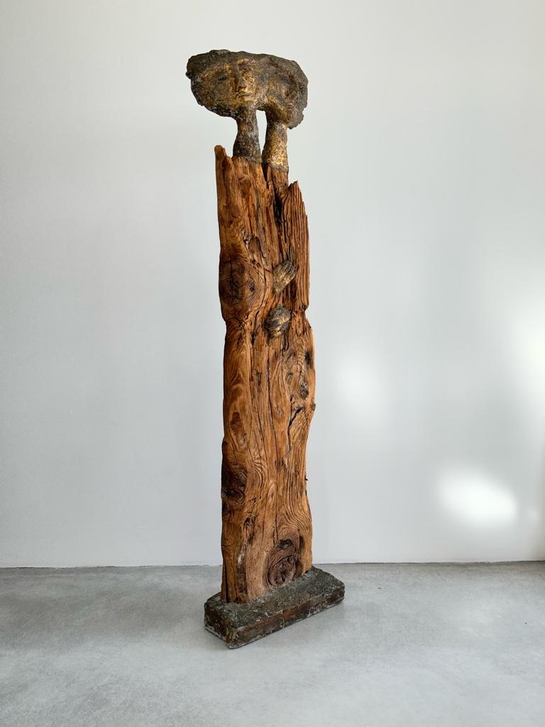Carved Unique Bronze and Wood Sculpture by French Artist Francoise Mayeras For Sale