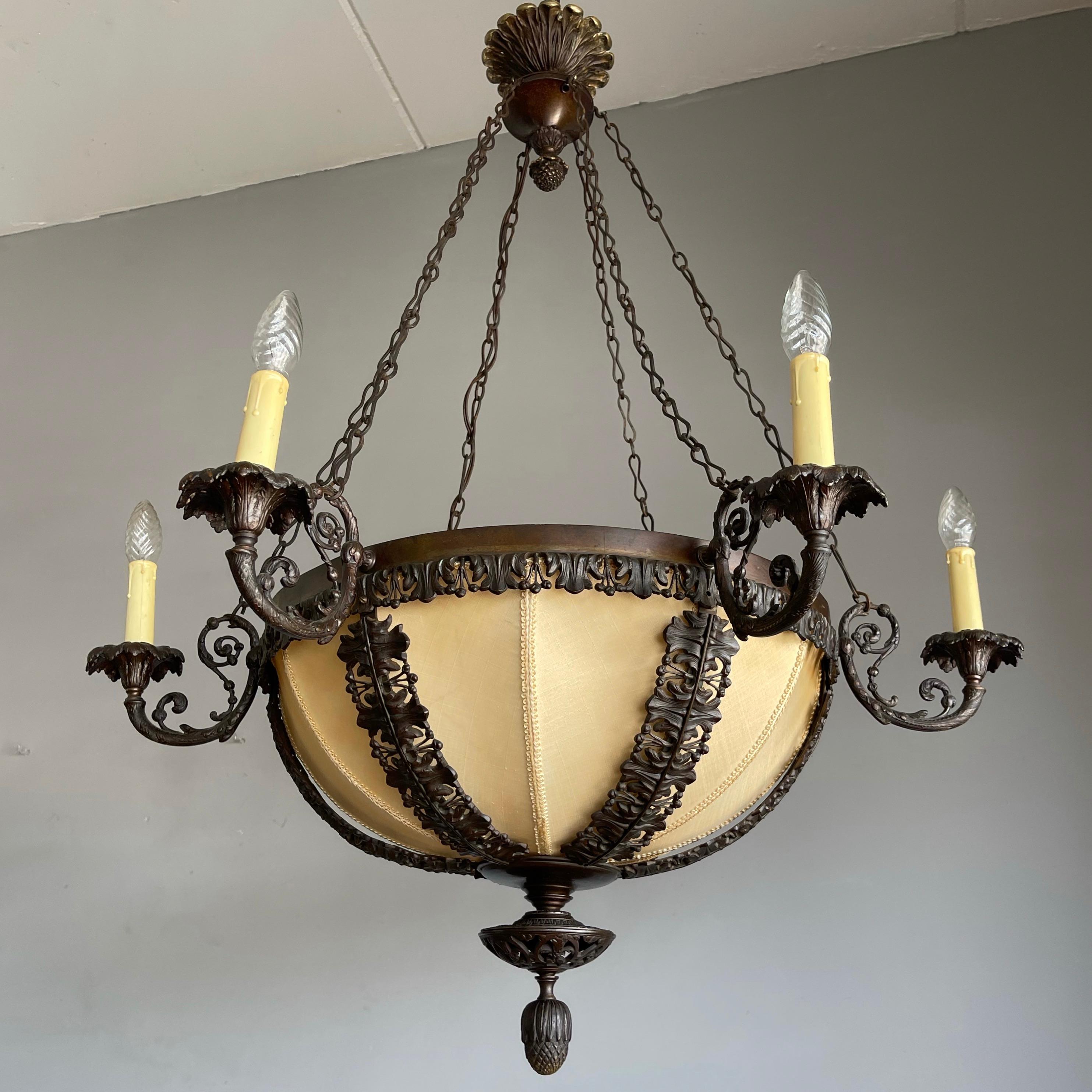 Unique Bronze Arts & Crafts Era Stately Chandelier w Intricate Scrolling Details 5