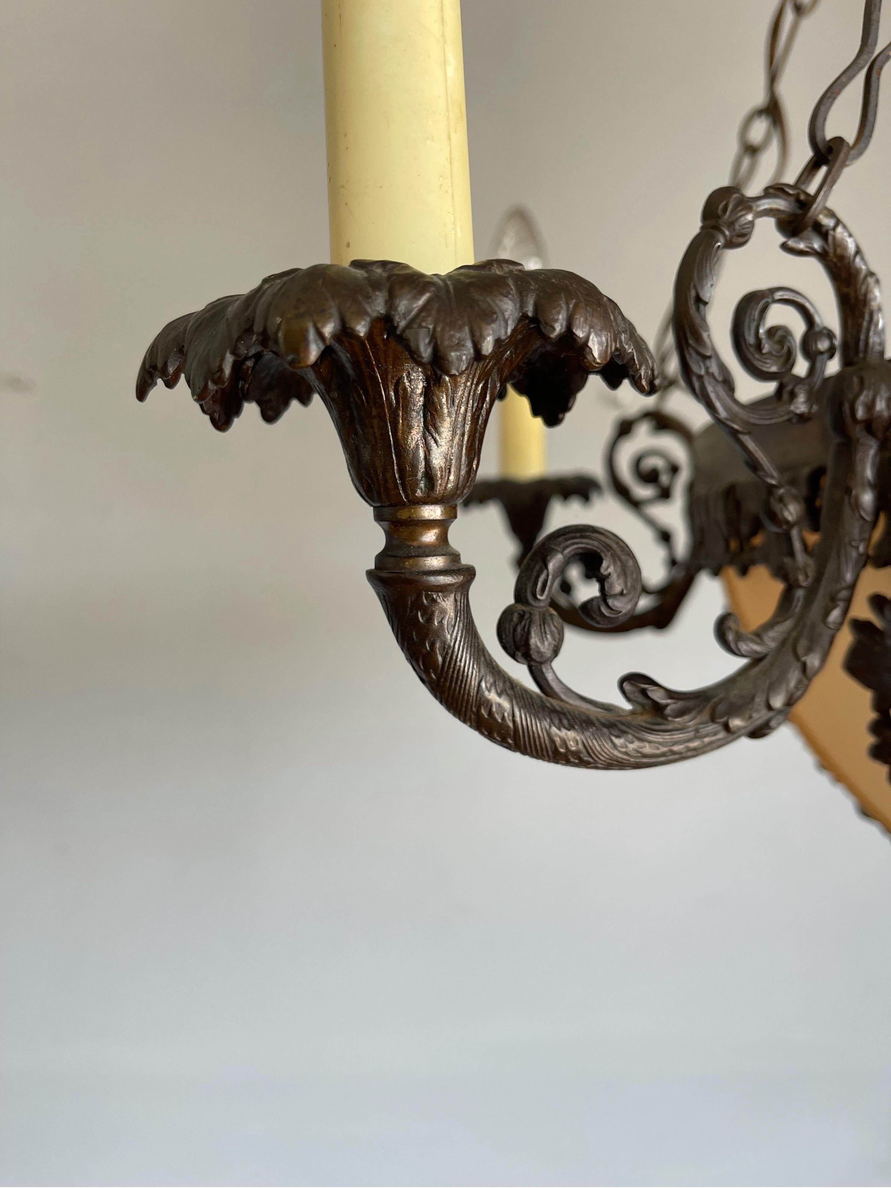Unique Bronze Arts & Crafts Era Stately Chandelier w Intricate Scrolling Details 6