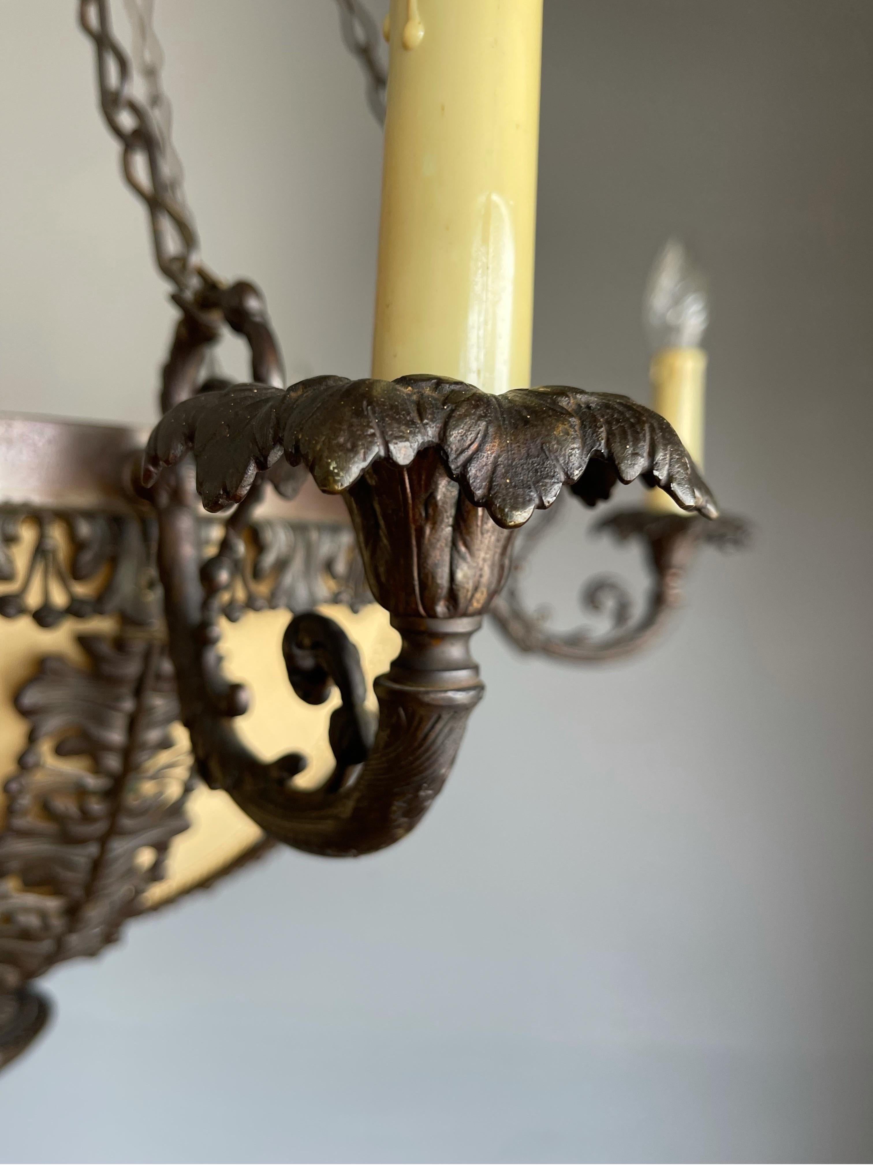 Unique Bronze Arts & Crafts Era Stately Chandelier w Intricate Scrolling Details 7