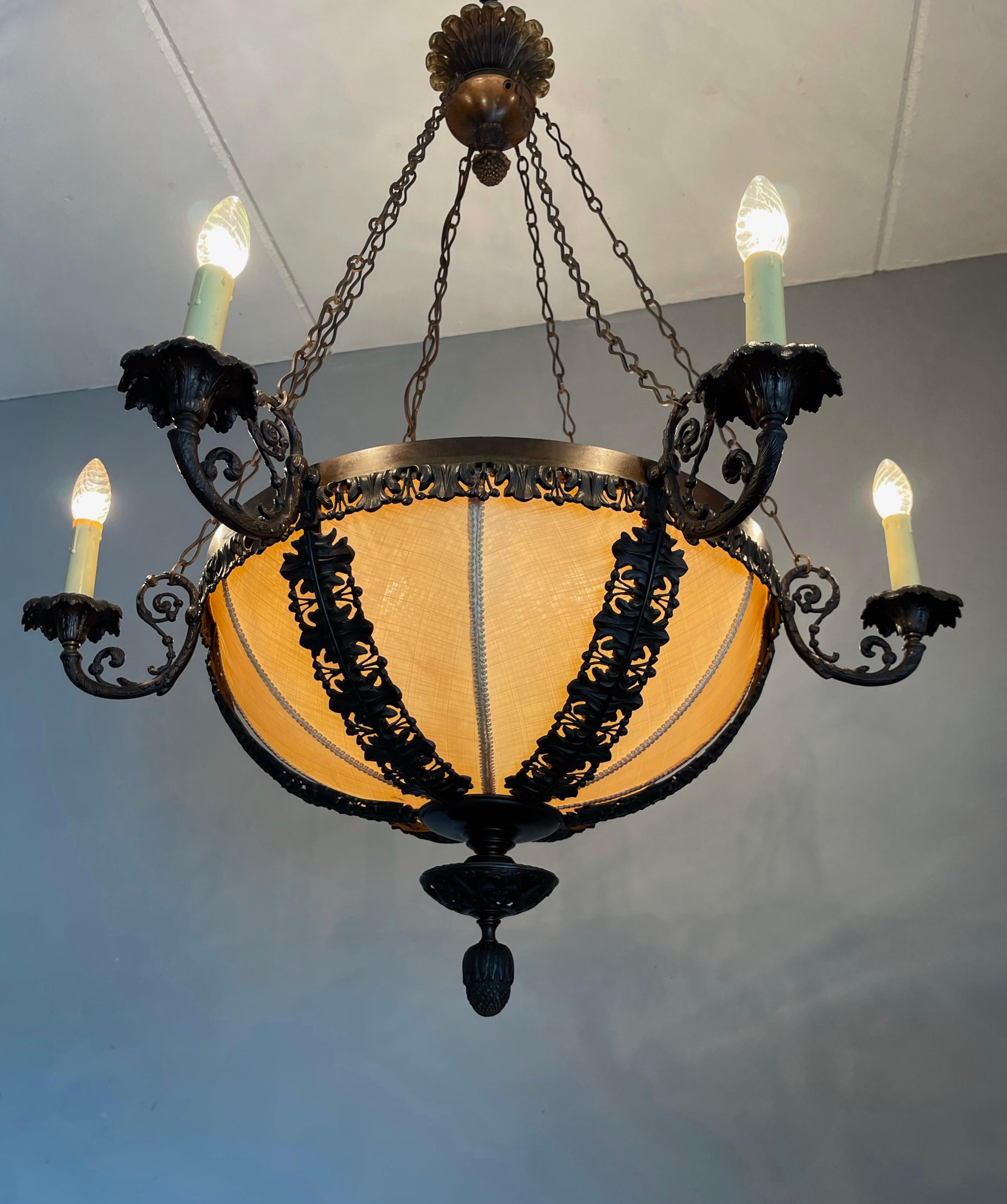 Hand-Crafted Unique Bronze Arts & Crafts Era Stately Chandelier w Intricate Scrolling Details