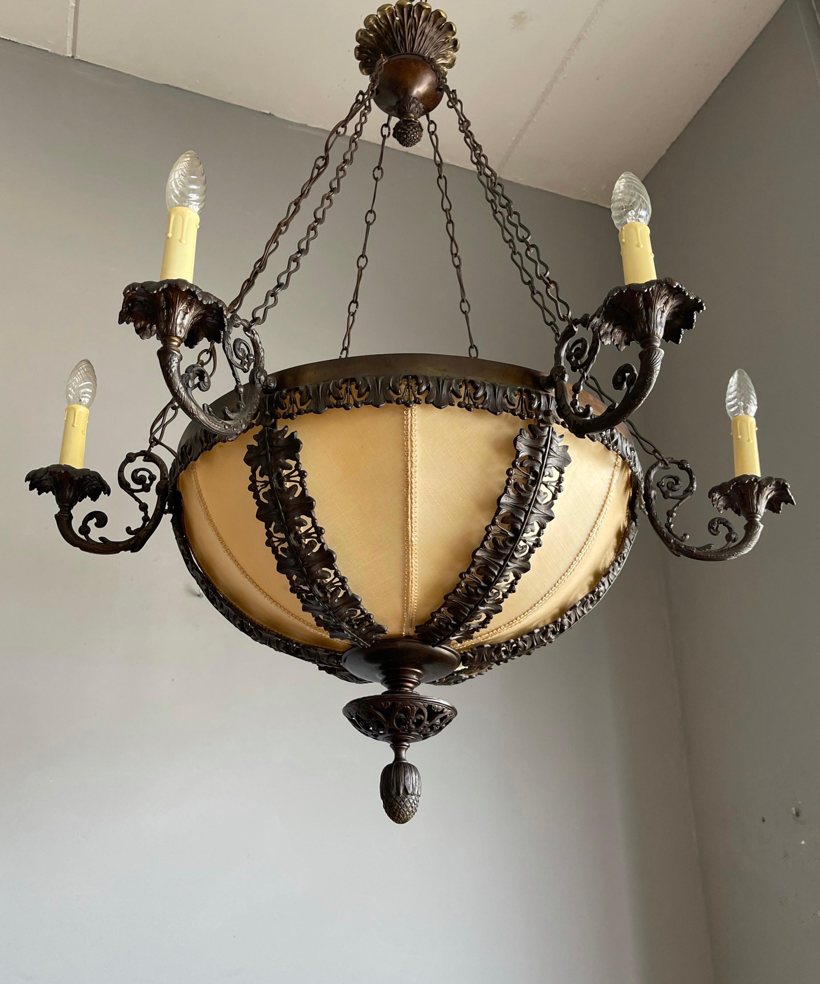 Unique Bronze Arts & Crafts Era Stately Chandelier w Intricate Scrolling Details In Good Condition In Lisse, NL