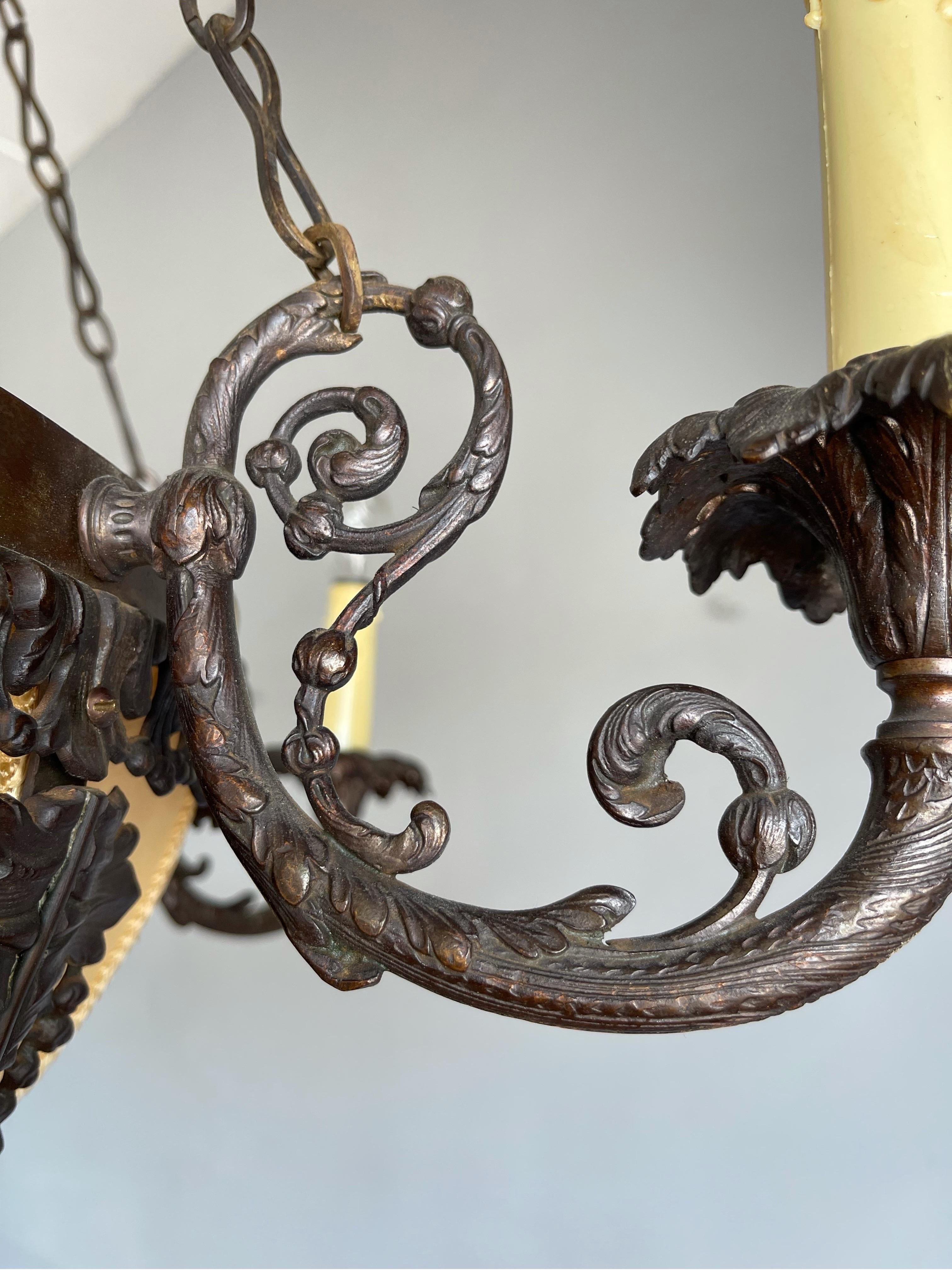 Metal Unique Bronze Arts & Crafts Era Stately Chandelier w Intricate Scrolling Details