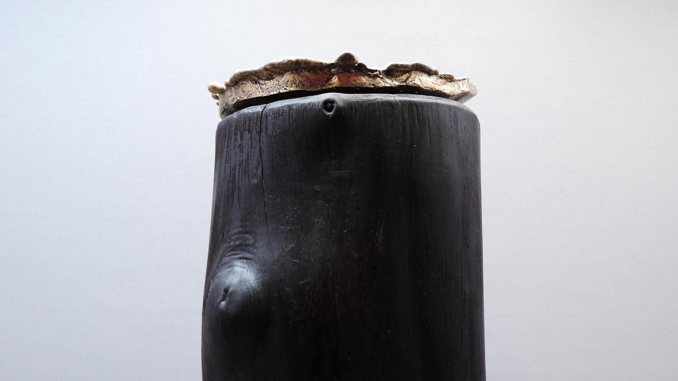 French unique bronze Bowl, vide-poche on chestnut burnt wood. For Sale