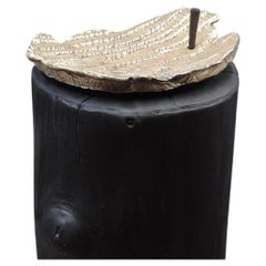 Cuenco único de bronce, vide-poche sobre madera quemada de castaño.