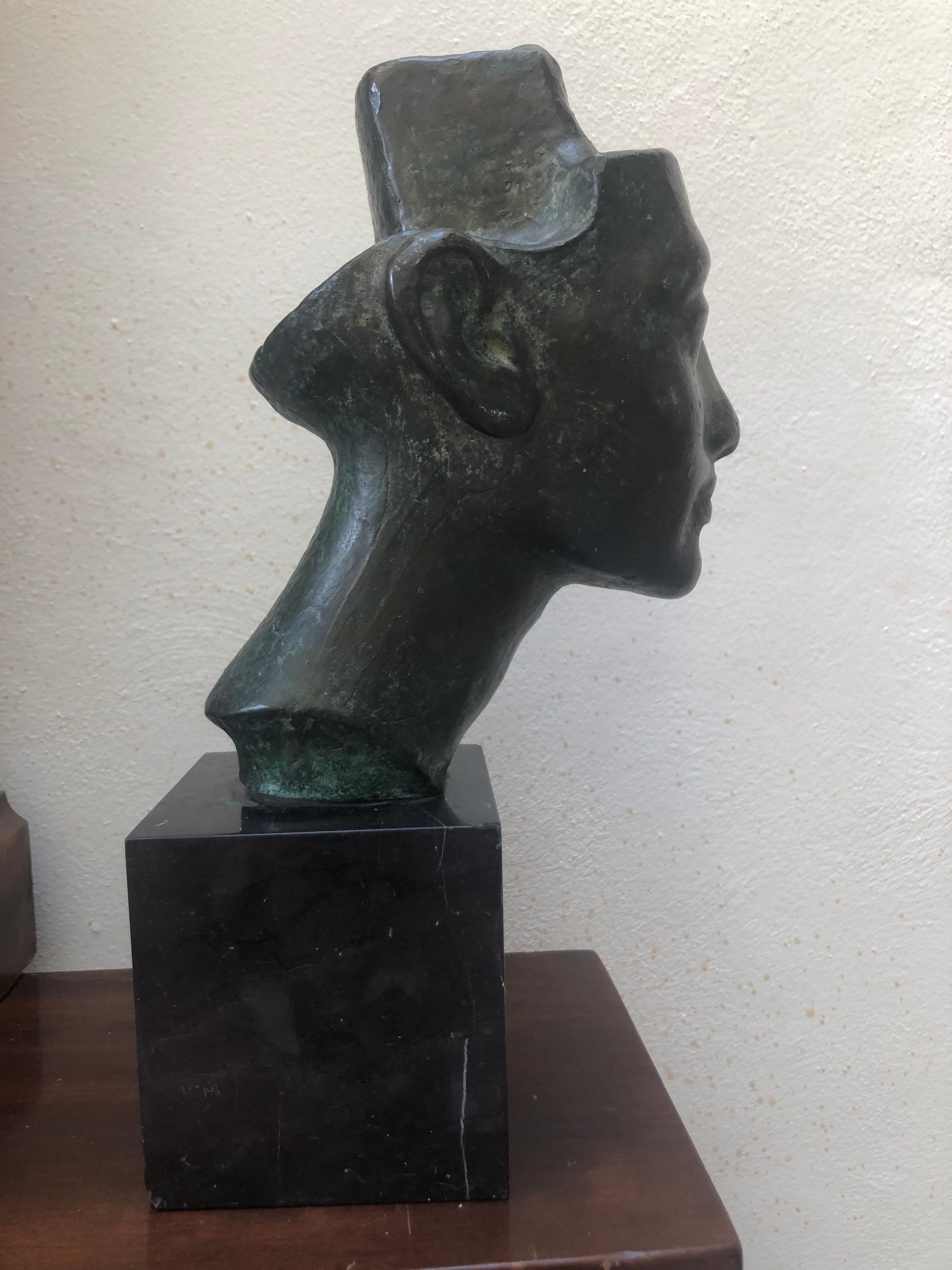 Mid-Century Modern Unique Bronze Head Sculpture on Marble Solid Base For Sale