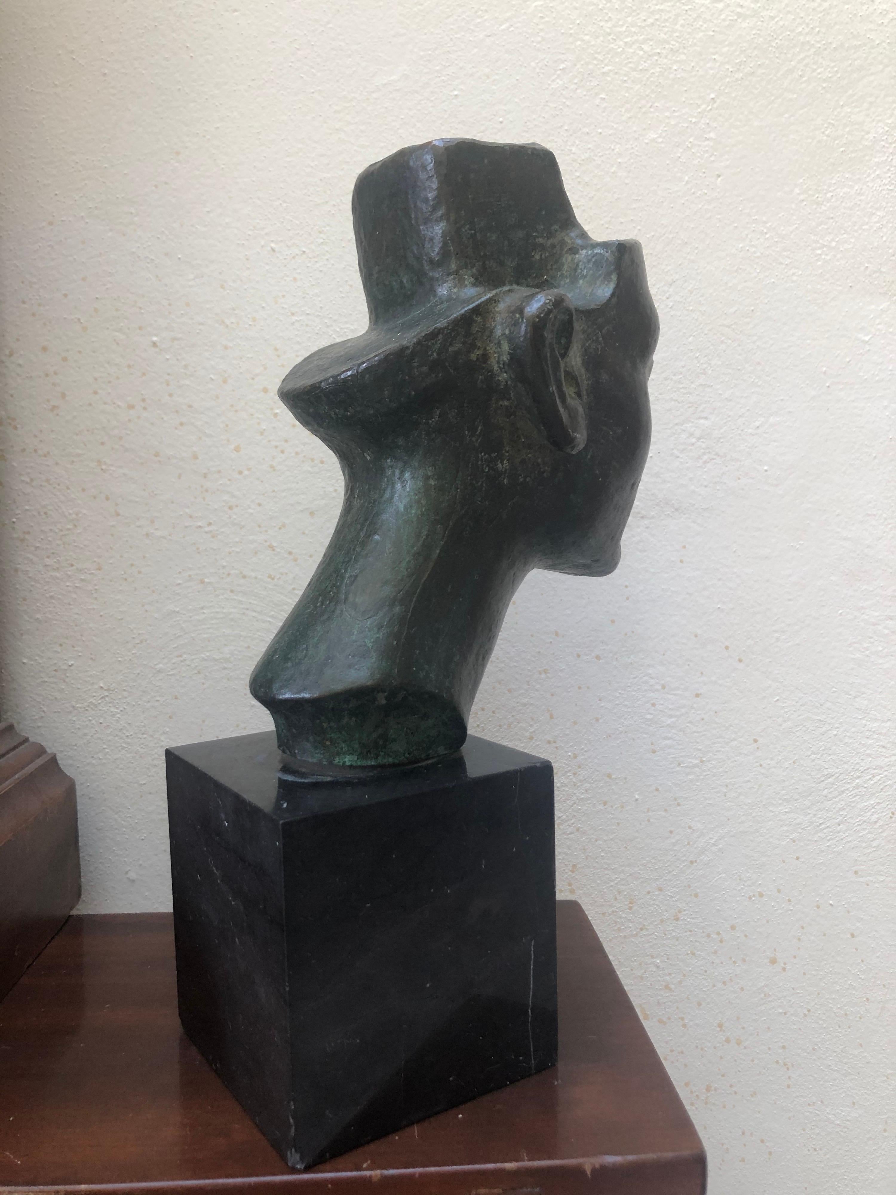 20th Century Unique Bronze Head Sculpture on Marble Solid Base For Sale