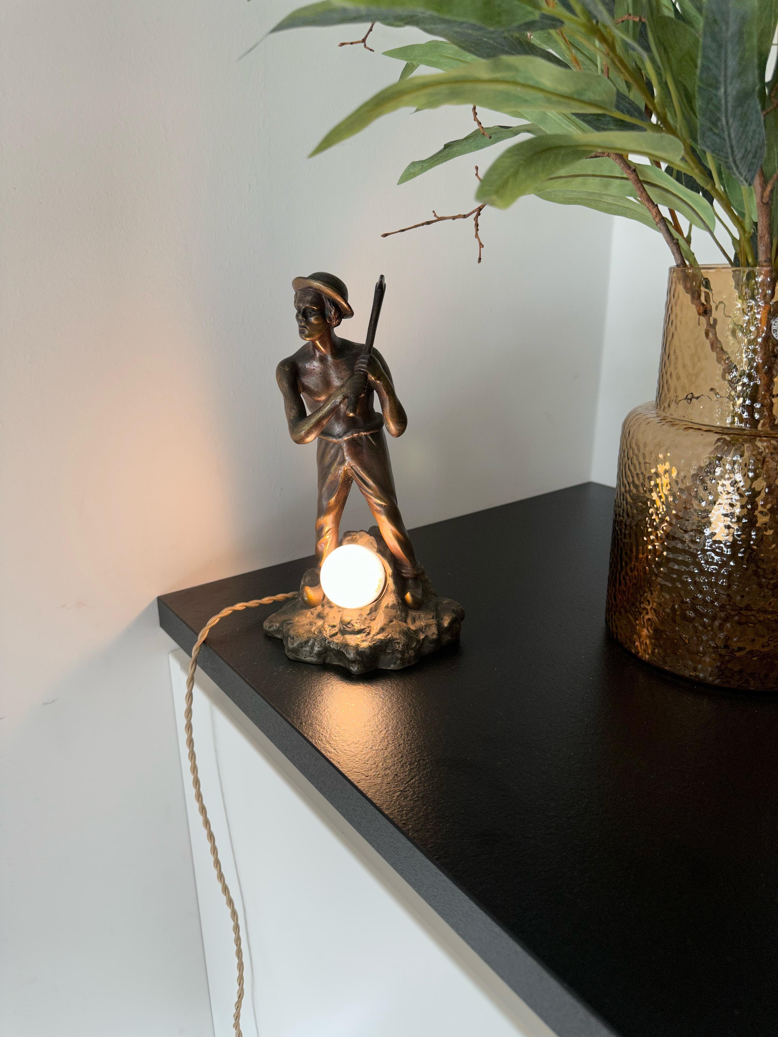 Unique Bronze Miner or Gold Digger Sculpture / Statue Table Lamp w Silvered Base For Sale 1