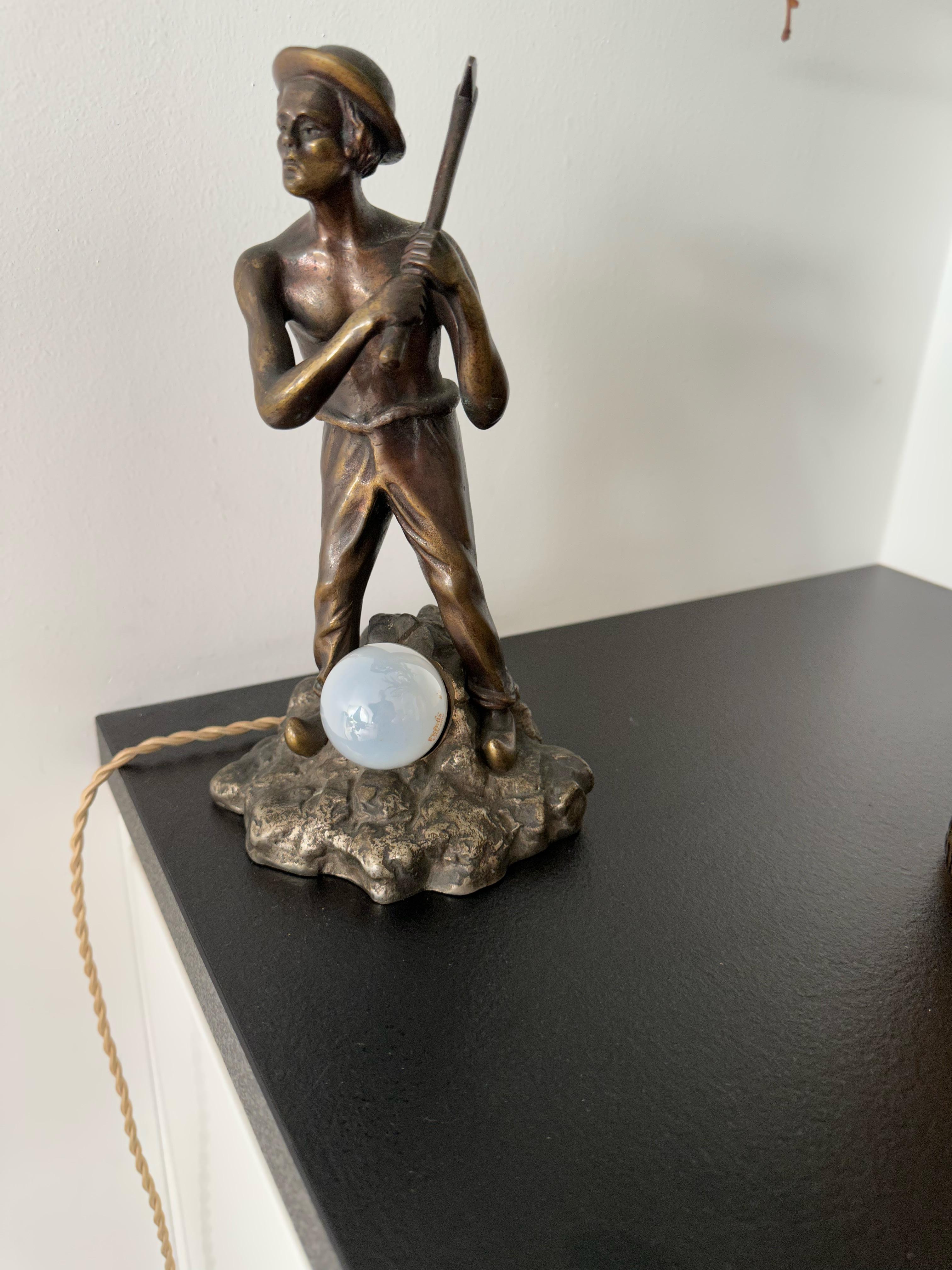 Unique Bronze Miner or Gold Digger Sculpture / Statue Table Lamp w Silvered Base For Sale 2