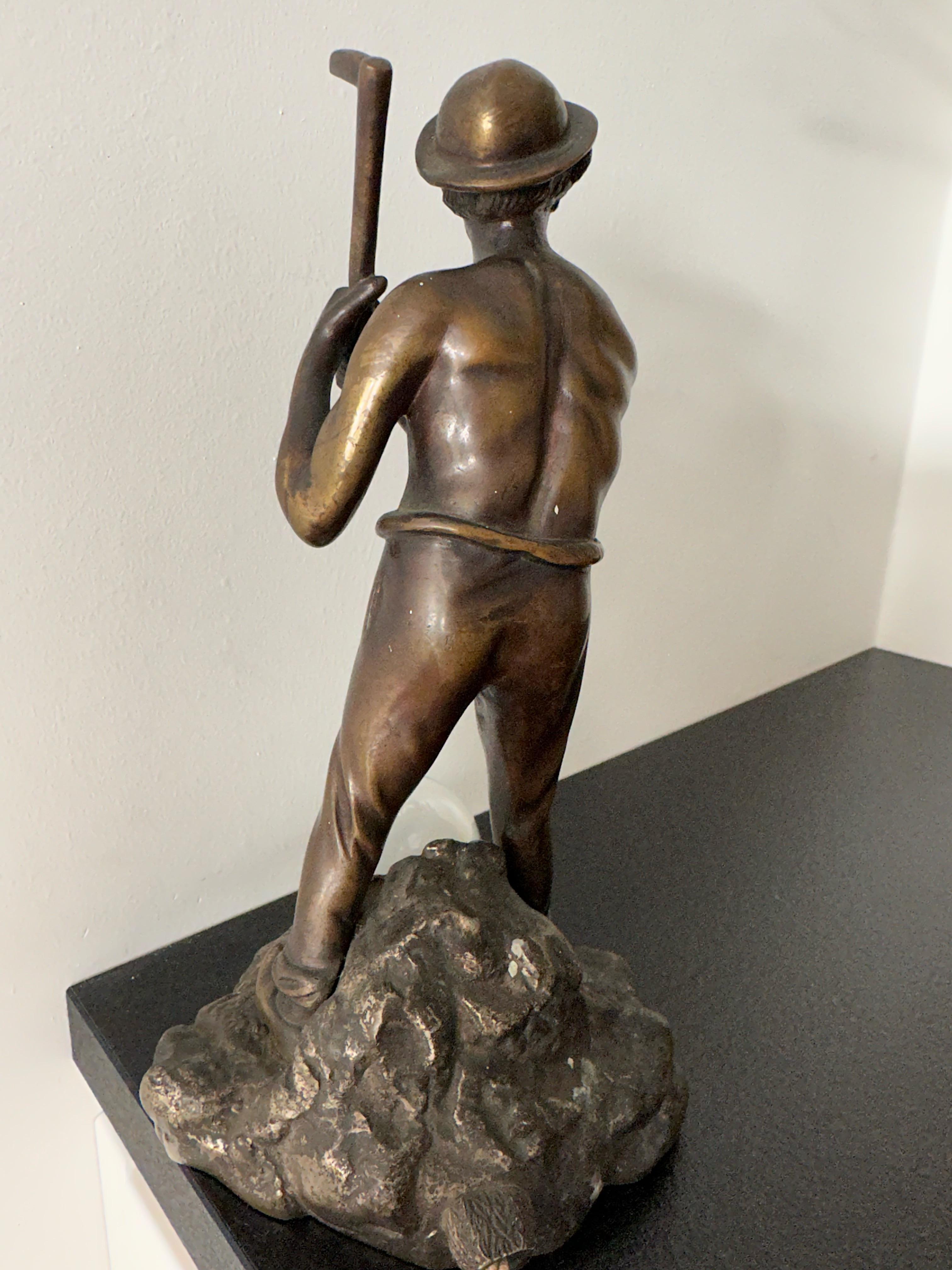 Unique Bronze Miner or Gold Digger Sculpture / Statue Table Lamp w Silvered Base For Sale 3