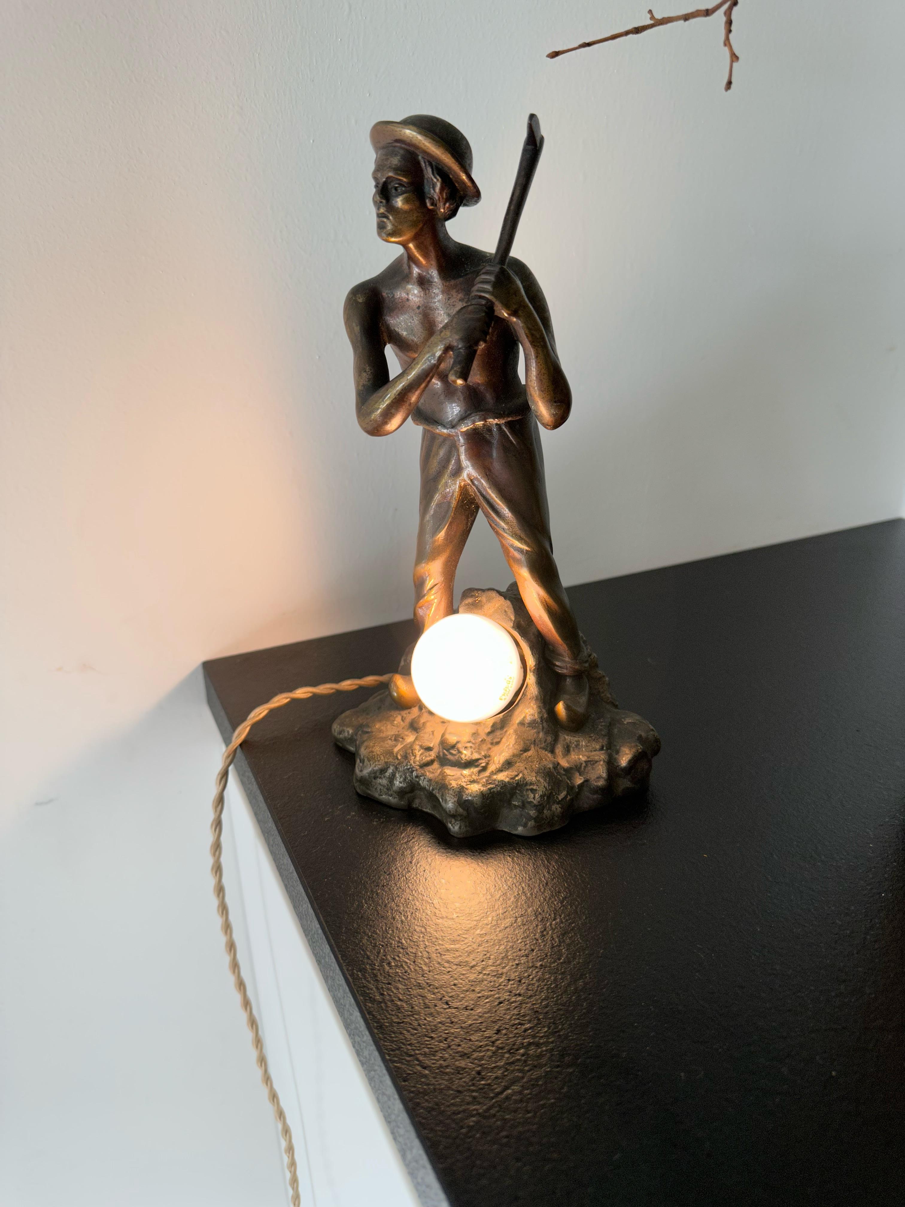 Unique Bronze Miner or Gold Digger Sculpture / Statue Table Lamp w Silvered Base For Sale 4