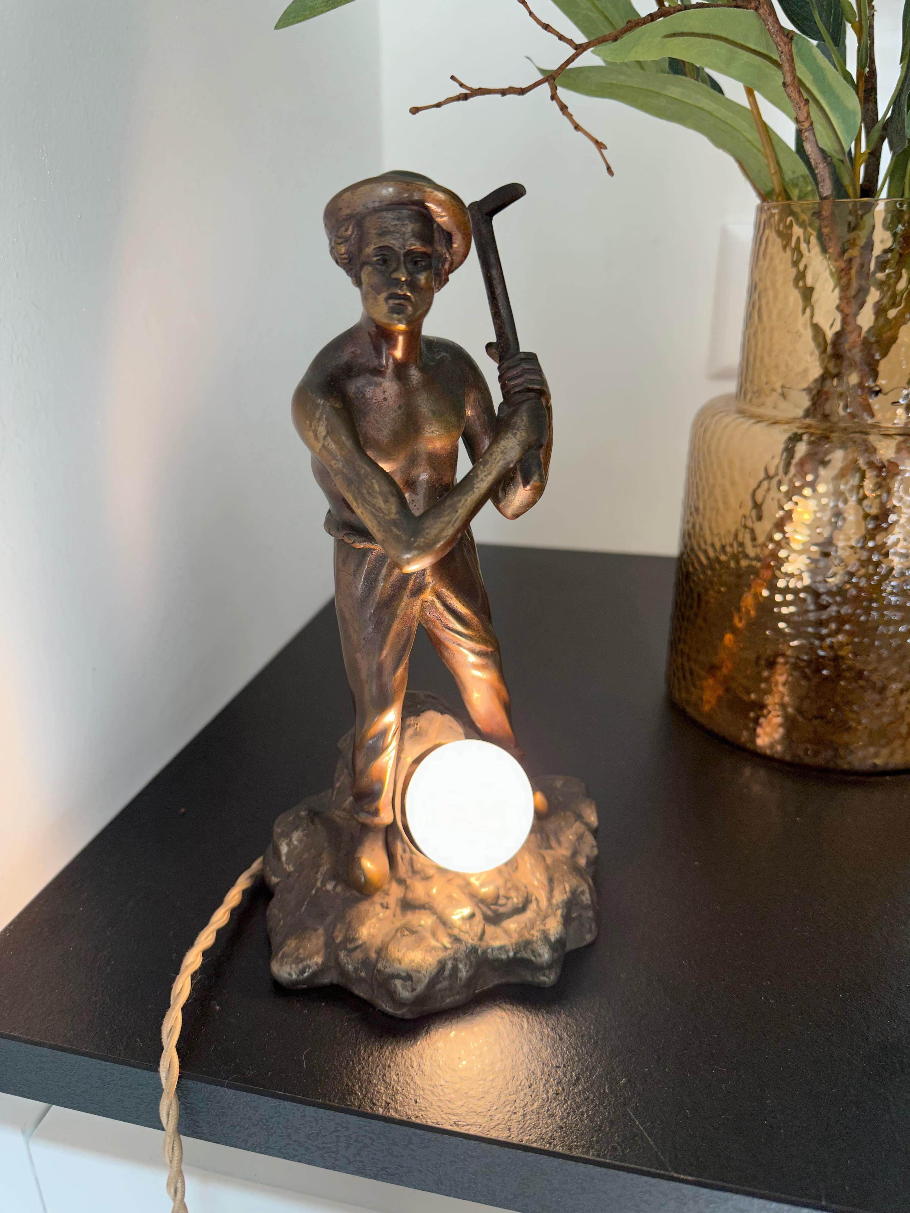 Unique Bronze Miner or Gold Digger Sculpture / Statue Table Lamp w Silvered Base For Sale 5