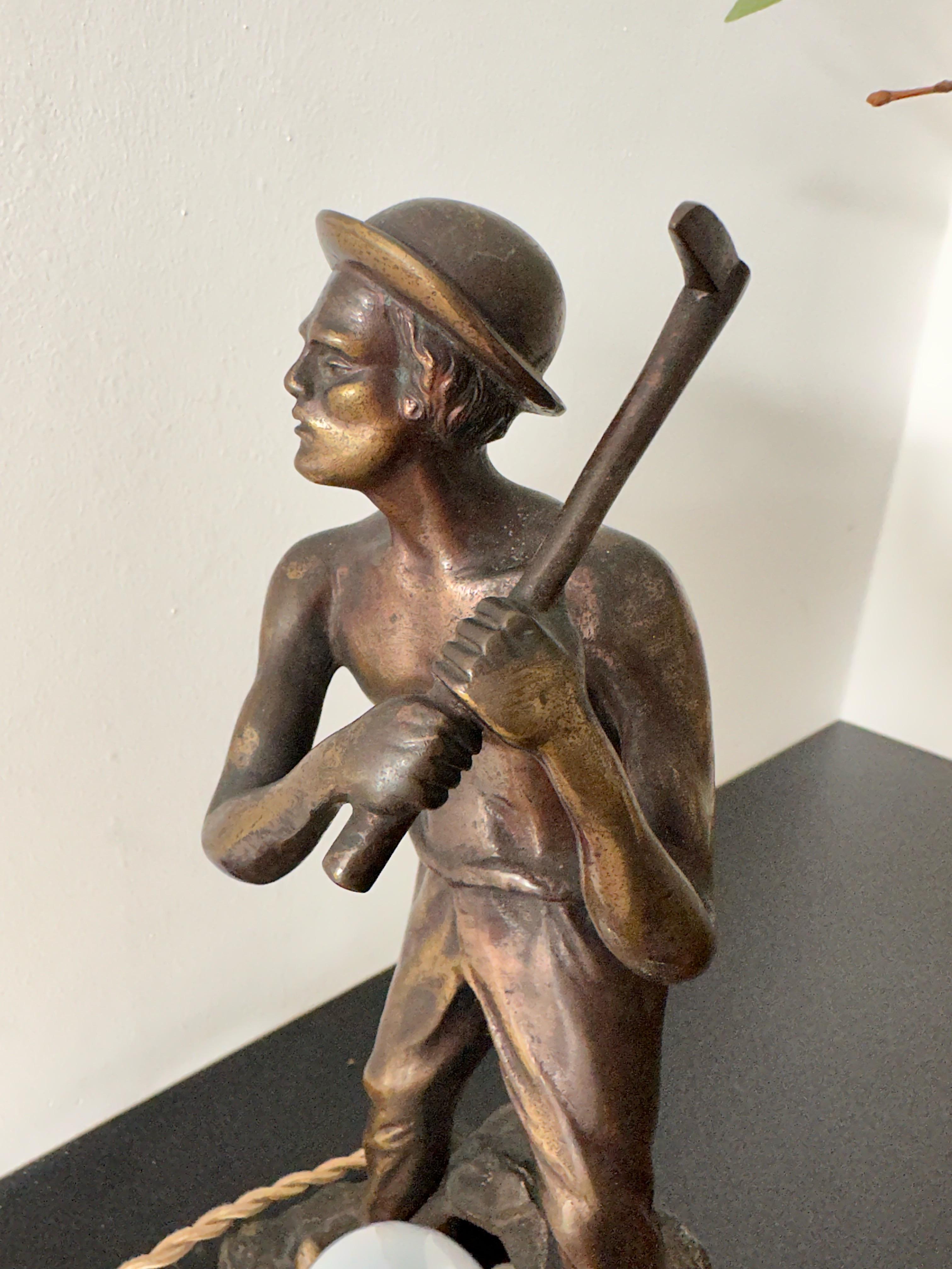 Unique Bronze Miner or Gold Digger Sculpture / Statue Table Lamp w Silvered Base For Sale 8