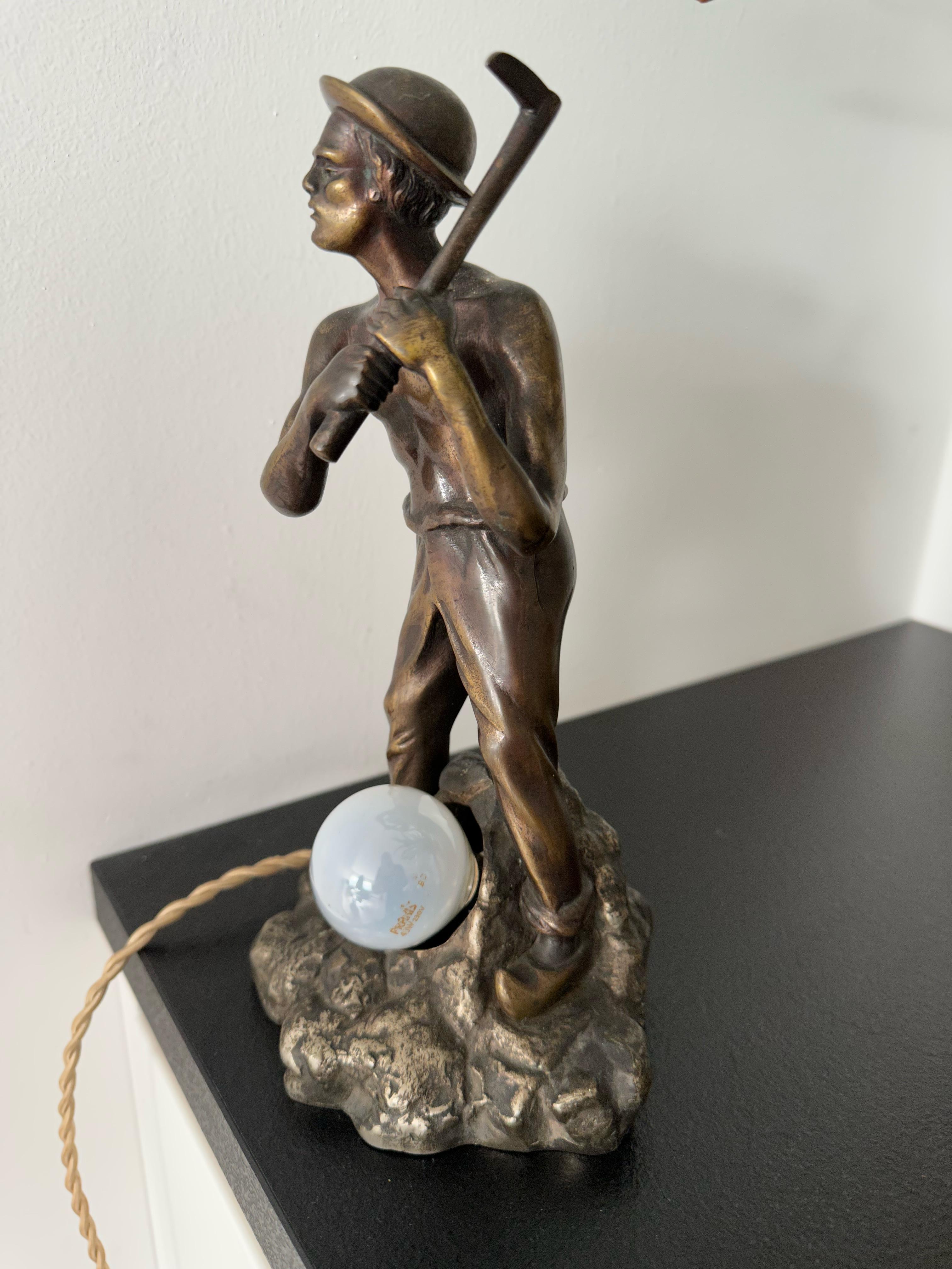 Unique Bronze Miner or Gold Digger Sculpture / Statue Table Lamp w Silvered Base For Sale 9