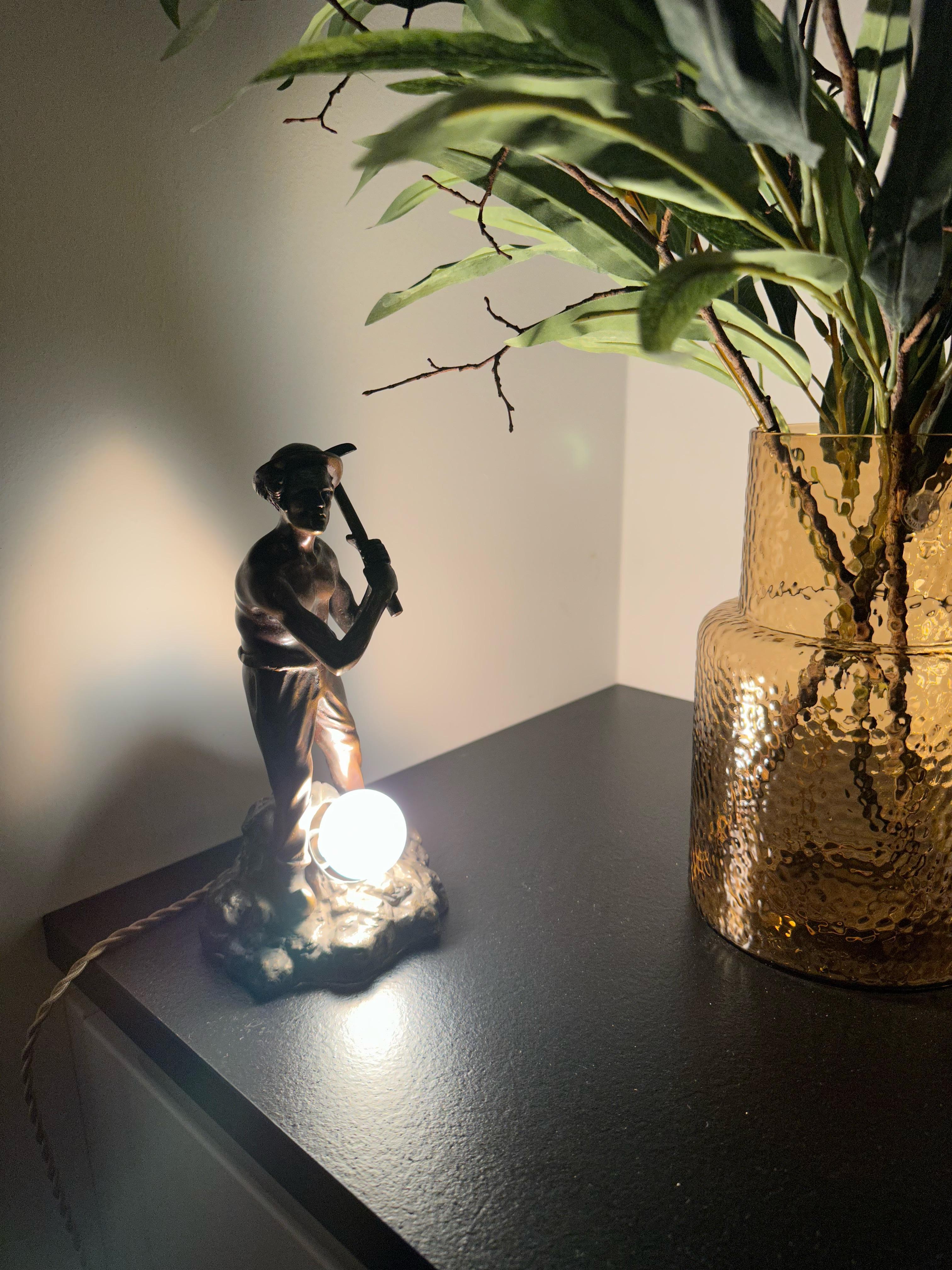 European Unique Bronze Miner or Gold Digger Sculpture / Statue Table Lamp w Silvered Base For Sale