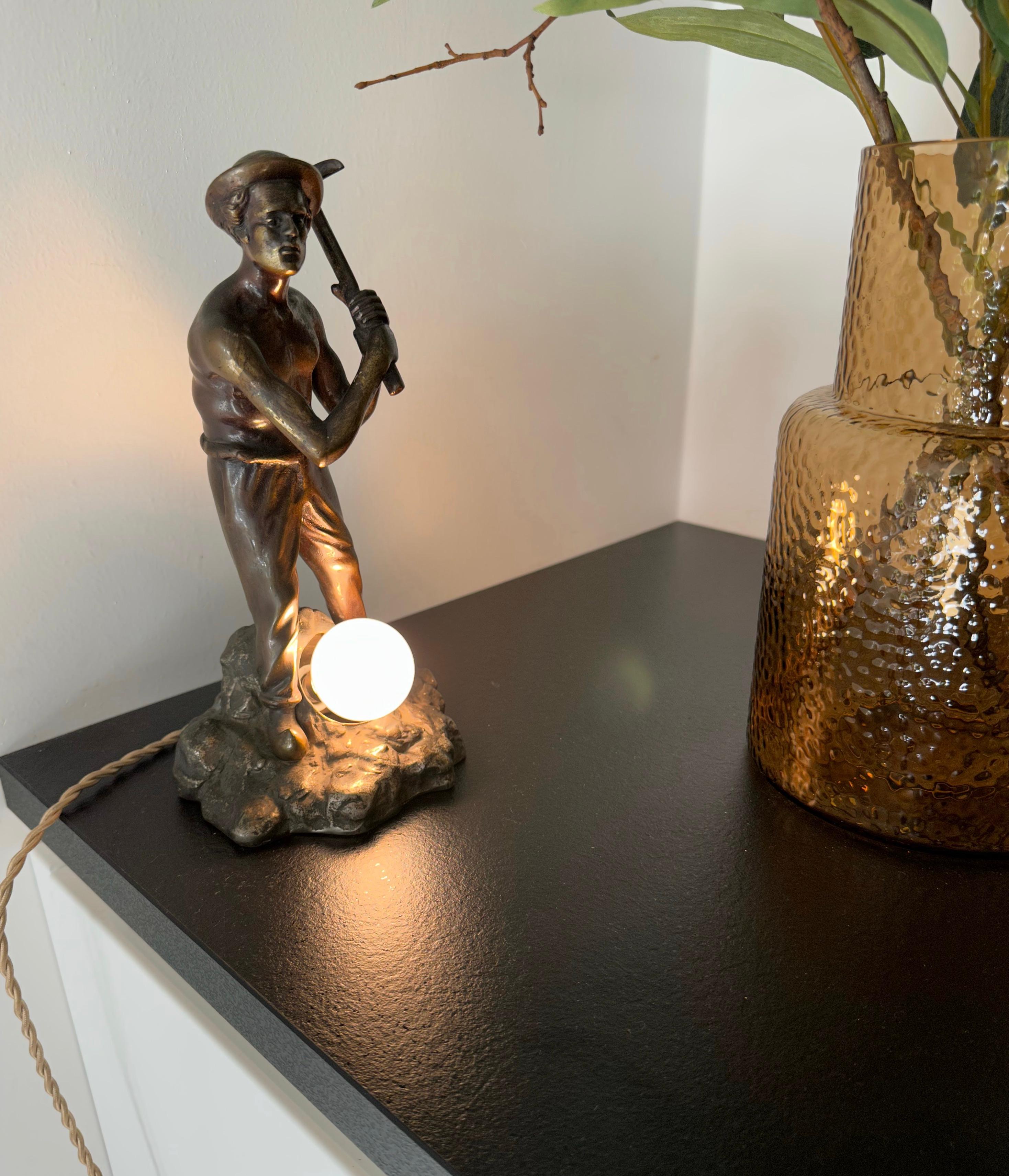 Hand-Crafted Unique Bronze Miner or Gold Digger Sculpture / Statue Table Lamp w Silvered Base For Sale