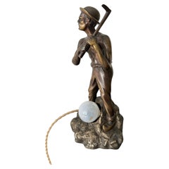 Unique Bronze Miner or Gold Digger Sculpture / Statue Table Lamp w Silvered Base