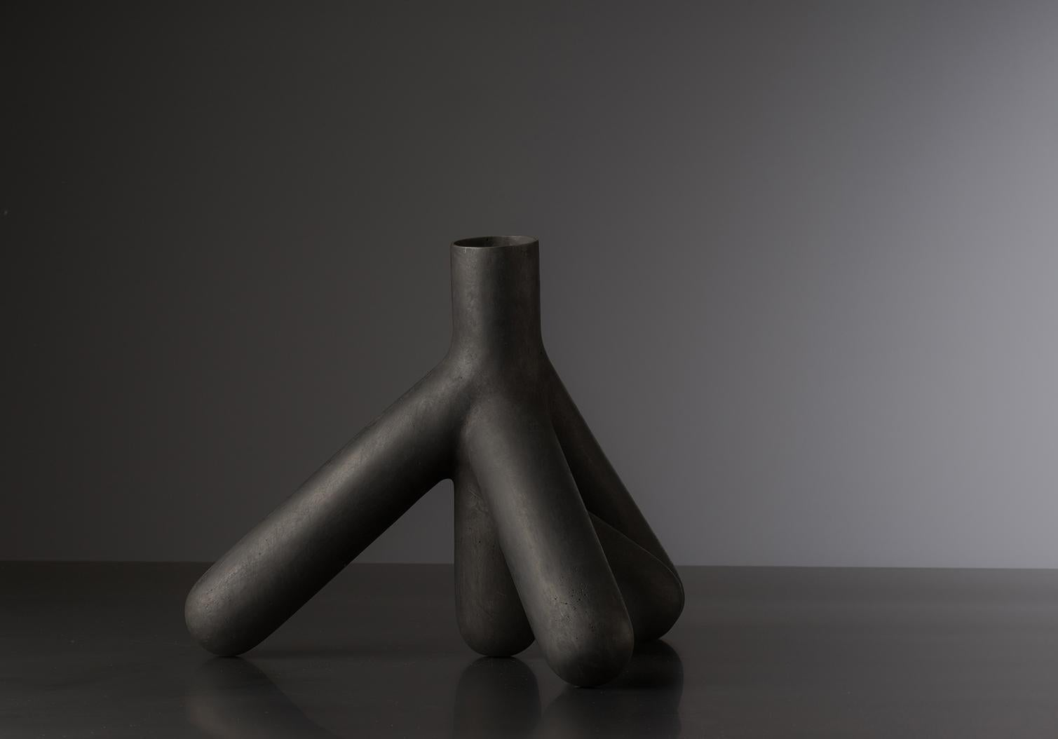 The Mol vase is a unique piece from a collection of ten different vases, sculpted and cast with direct lost wax method.
The bronze Vase with matte black patina gives strong character with a gentle personality. The cap can be removed from the