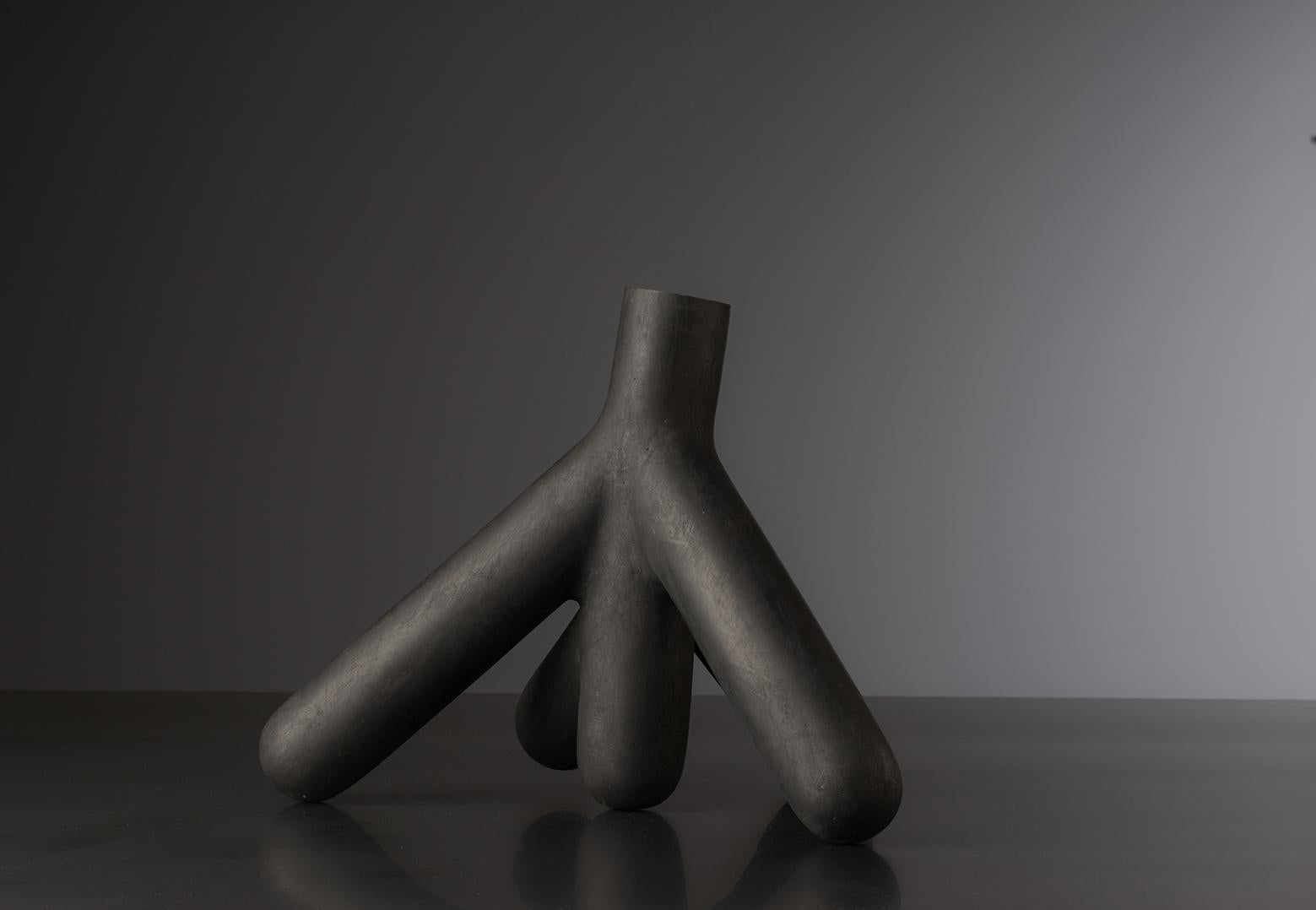 Cast Abstract Bronze Vase Hand Sculpted with Black Matte Patina 