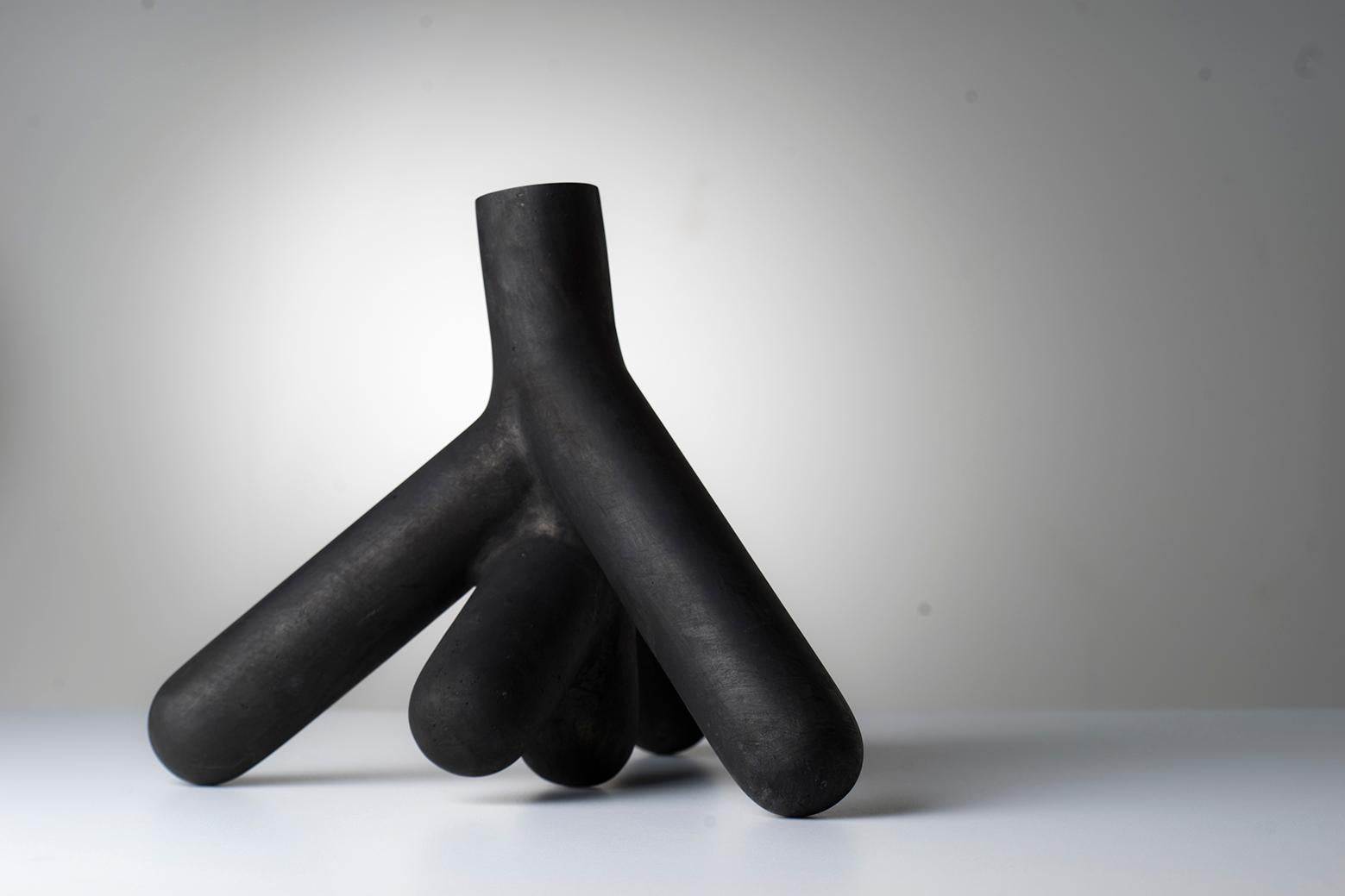 Contemporary Abstract Bronze Vase Hand Sculpted with Black Matte Patina 