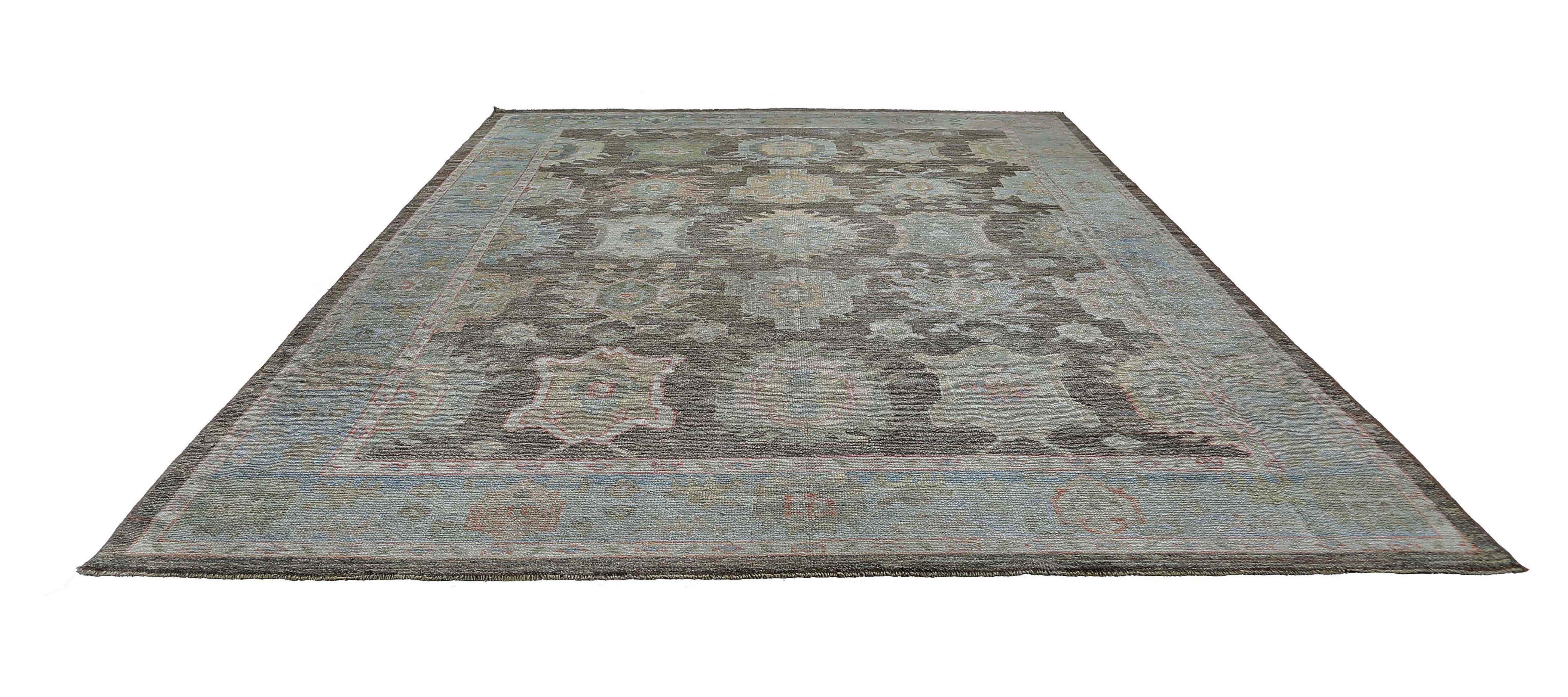 Hand-Woven Unique Brown and Blue Oushak Rug For Sale