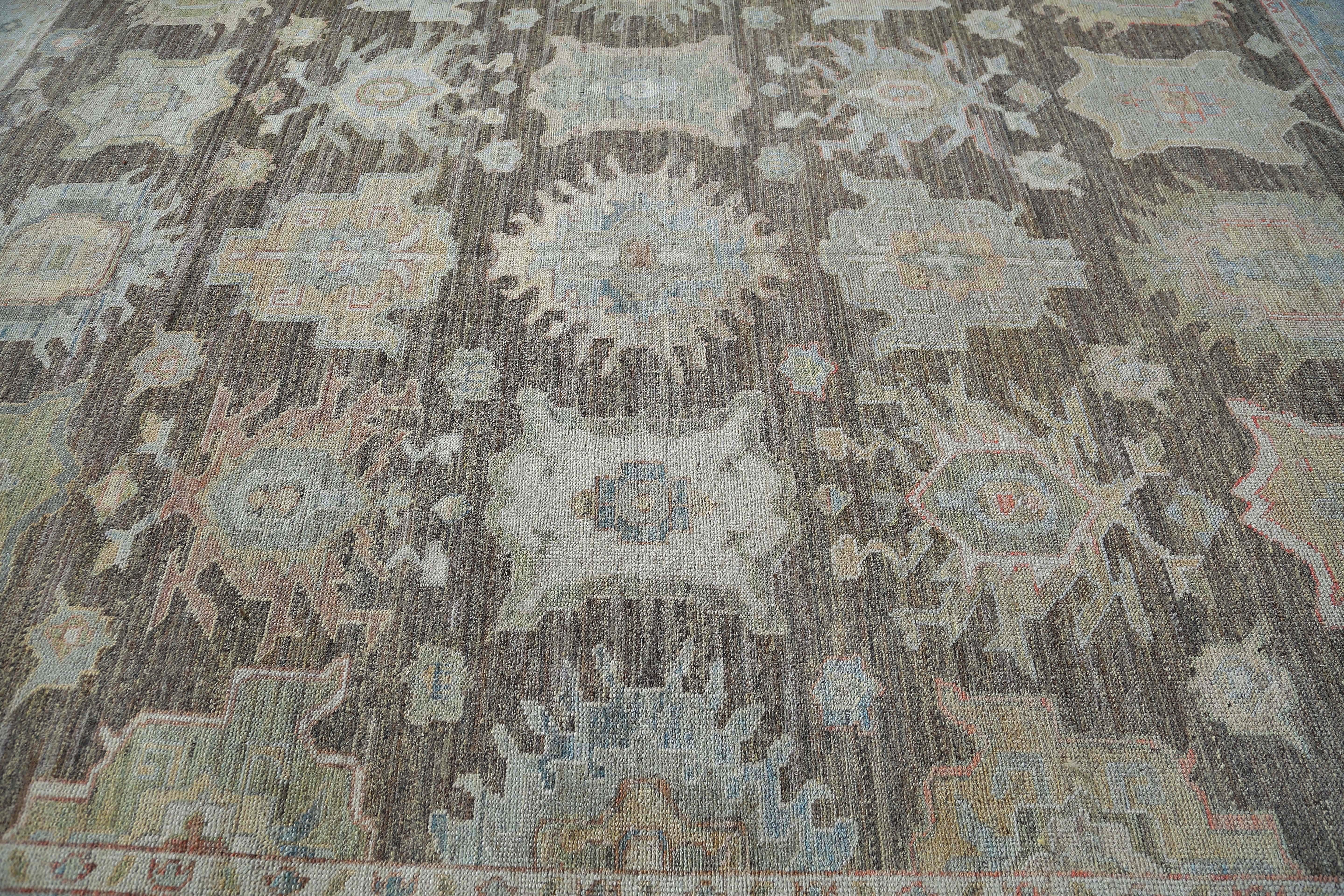 Contemporary Unique Brown and Blue Oushak Rug For Sale