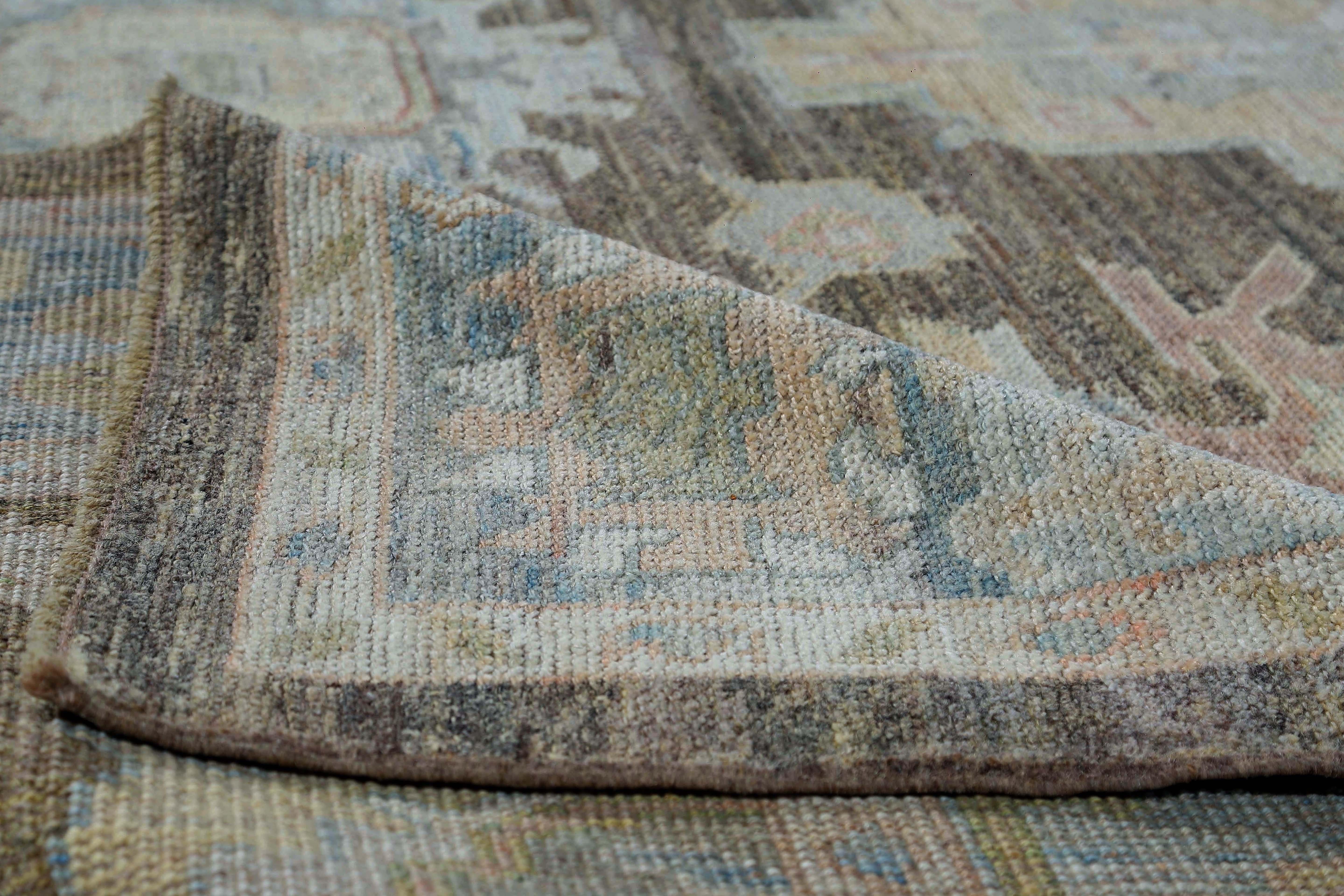 Unique Brown and Blue Oushak Rug For Sale 1