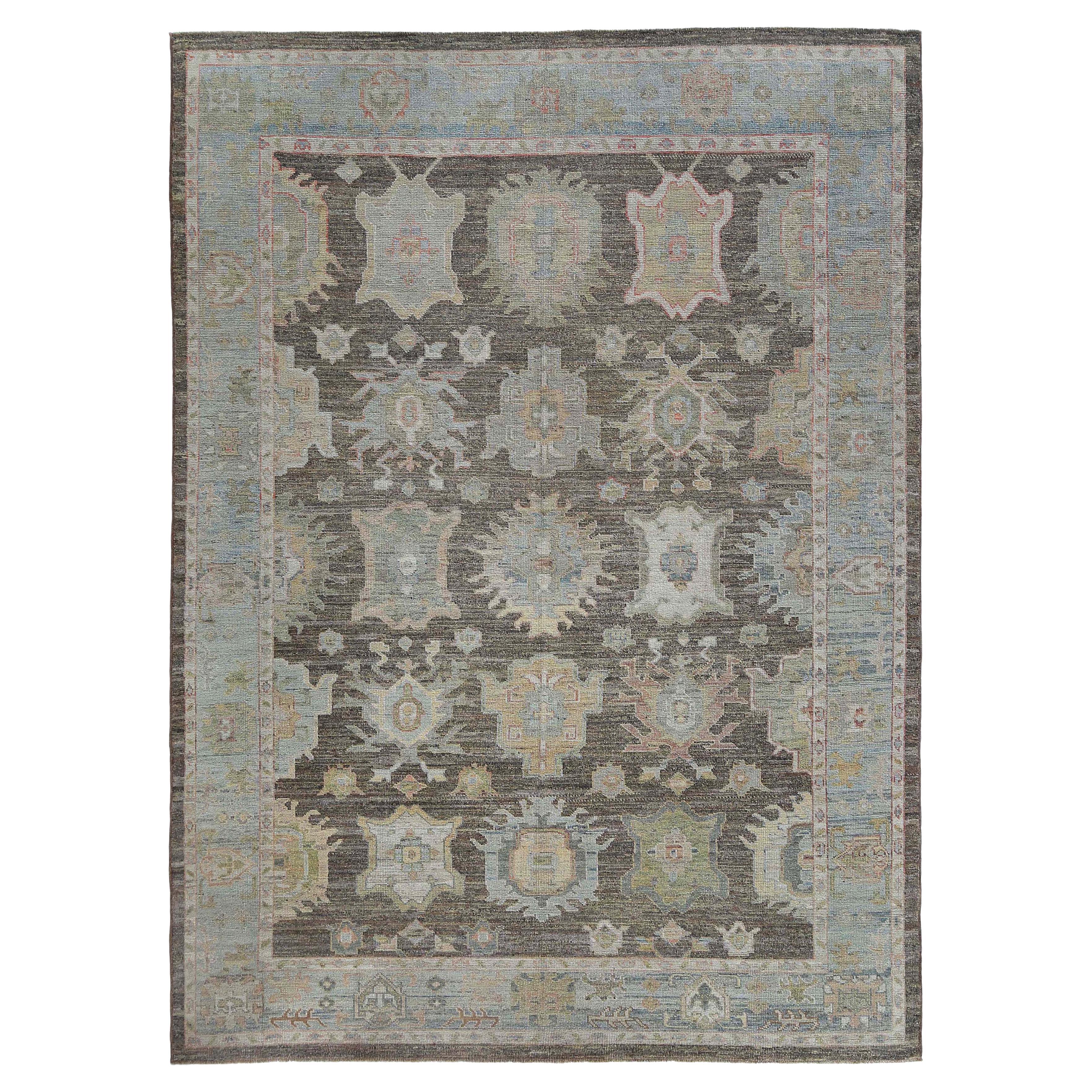 Unique Brown and Blue Oushak Rug