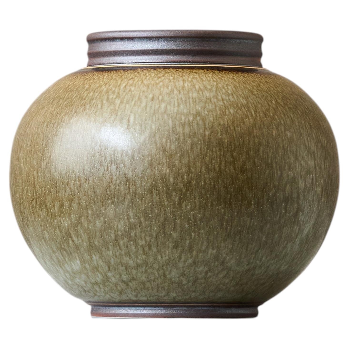 Unique Brown Art Deco Stoneware Globe Vase by Gunnar Nylund. ALP, Sweden 1930s