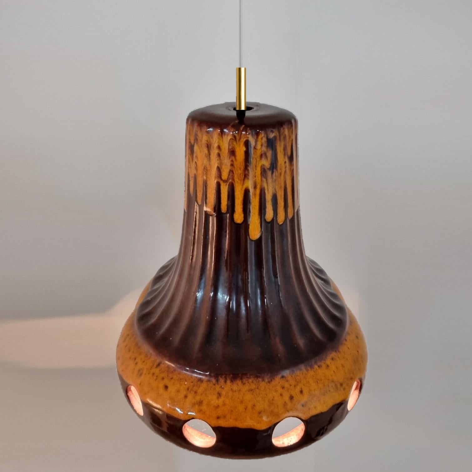 Brass Unique Brown Glazed Ceramic Pendant Light, Germany, 1970s For Sale