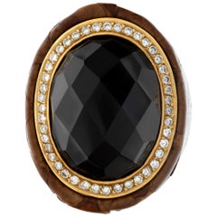 Unique Brown Leather Diamond and Topaz Ring Set in 18k Yellow Gold
