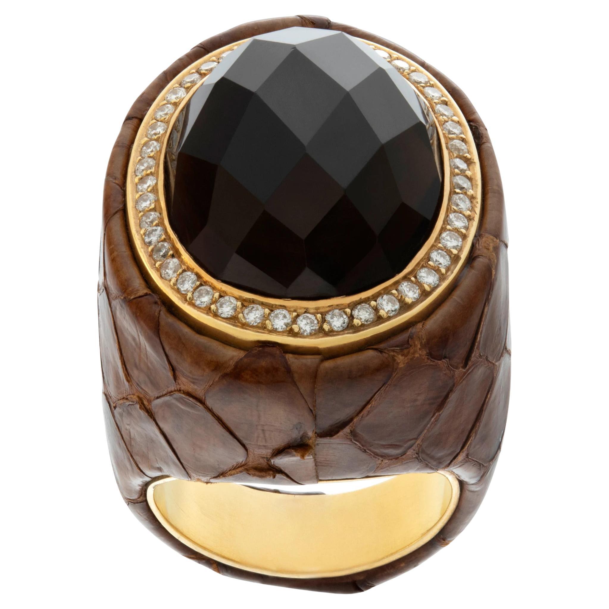 Unique Brown Leather Diamond and Topaz Ring Set in 18k Yellow Gold For Sale