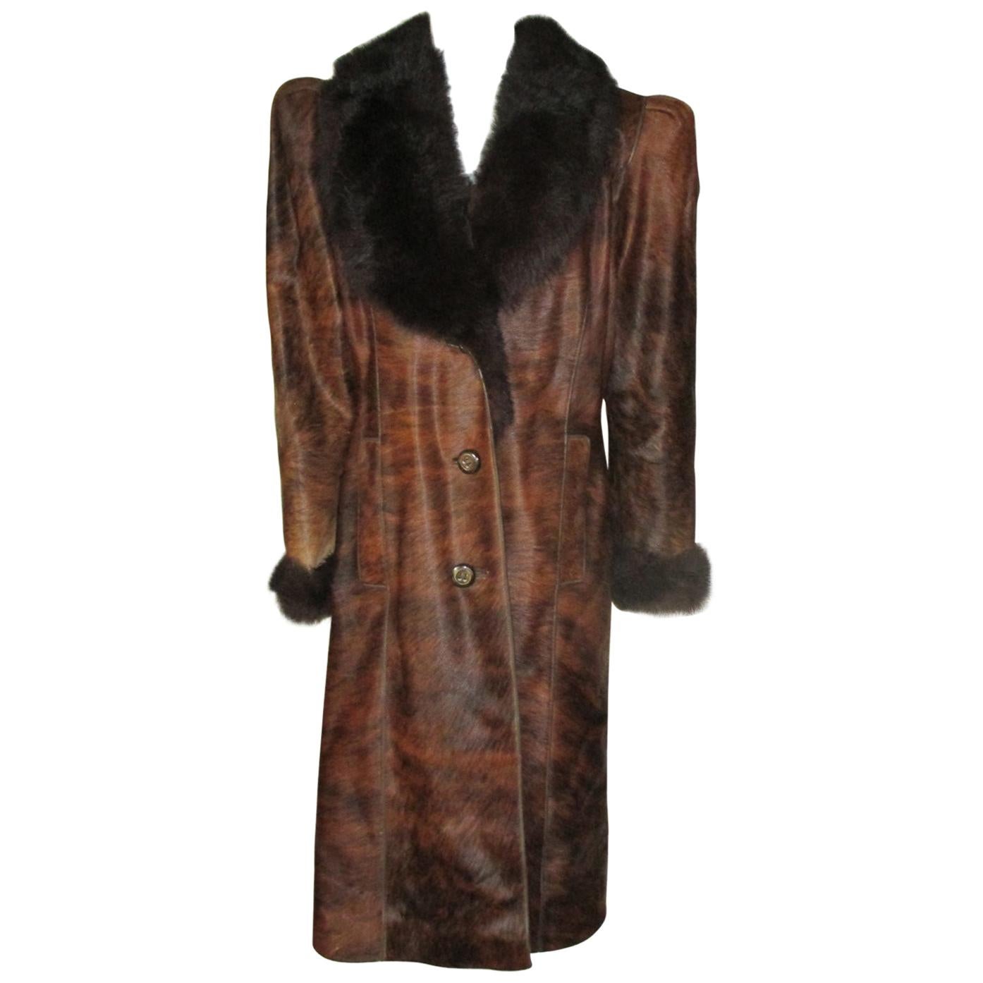  Unique Brown Pony Skin or Cowhide Leather Fur Coat For Sale