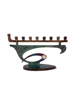Unique Brutalist Brass and Enamel Menorah