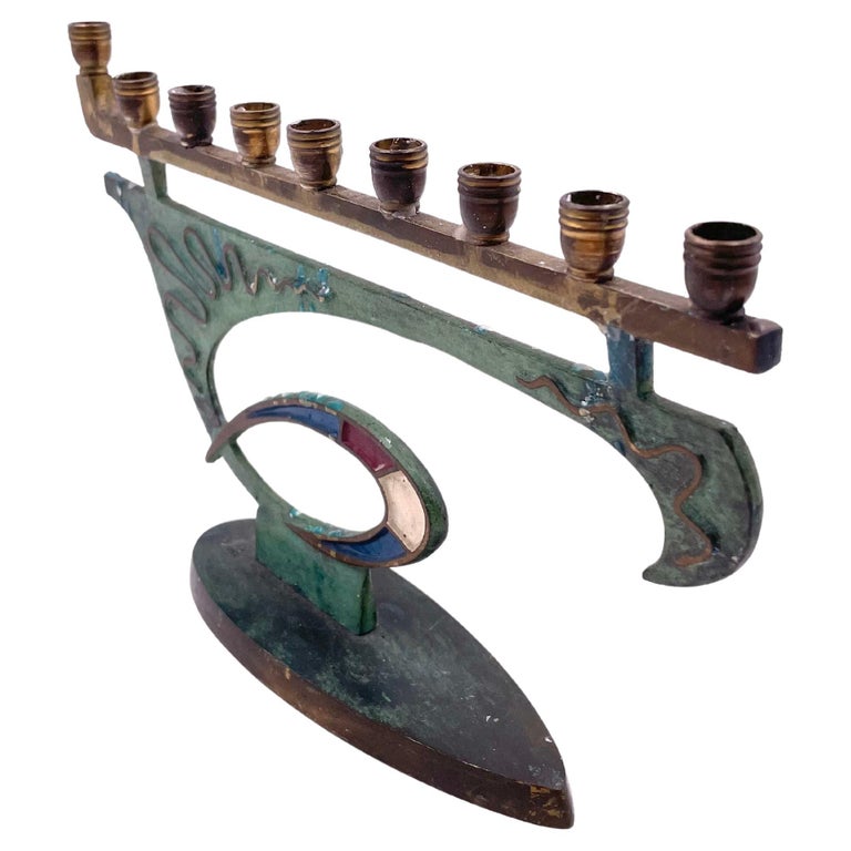Unique Brutalist Brass and Enamel Menorah For Sale at 1stDibs