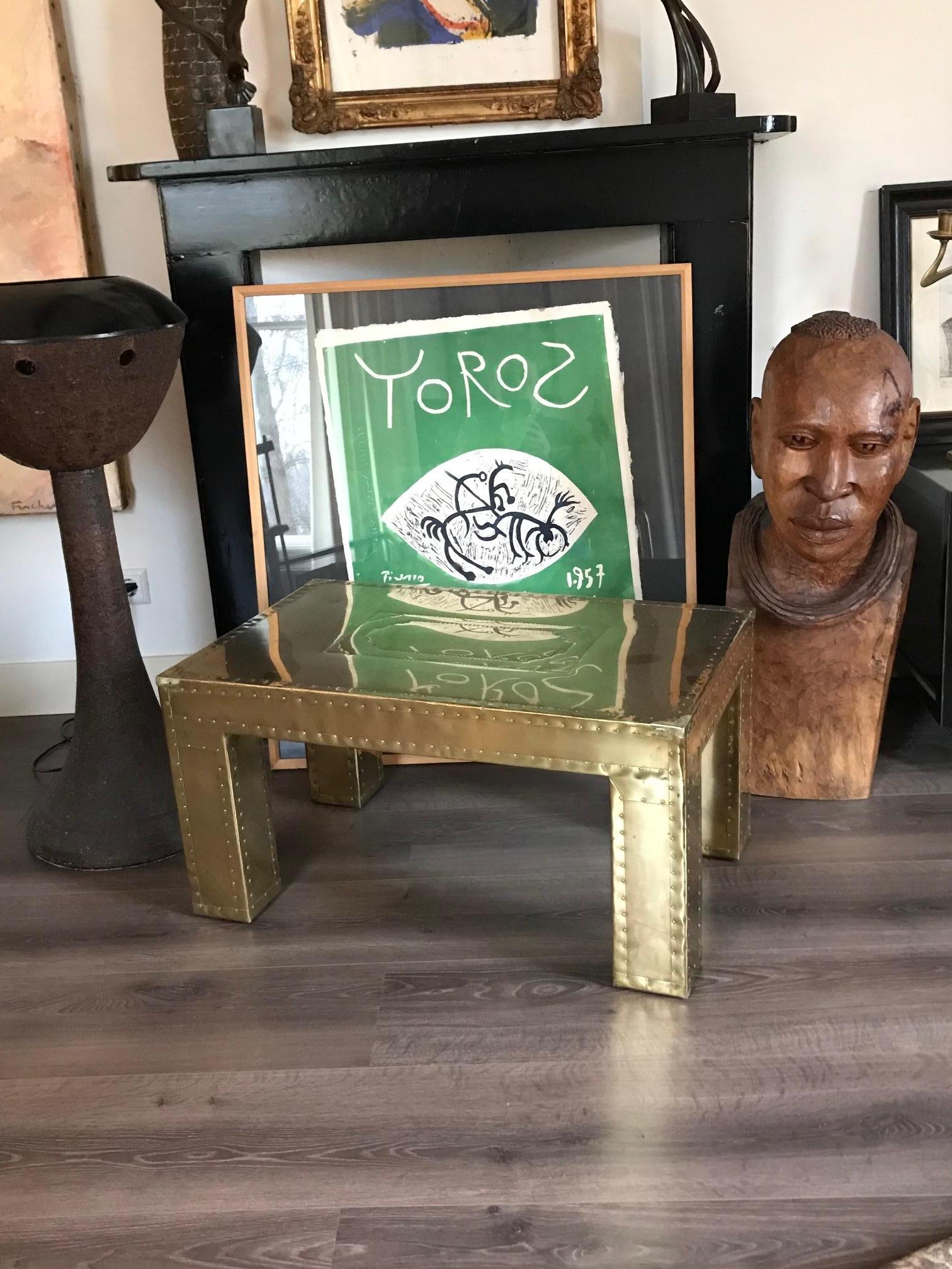 Unique, never seen before, brass brutalist coffee table with head nails. France 1960's